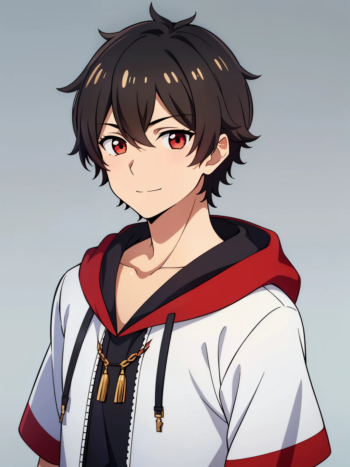 (high-quality, breathtaking),(expressive eyes, perfect face) portrait, 1boy, male, solo, young , black hair, red eye color, short hair length, soft wavy hair, cute smile, fluffy loose hair, side bangs, looking at viewer, portrait, medium full shot, happy expression, RWBY clothing, black hoodie, gold trim, white shirt, red, grey background, short sleeves
