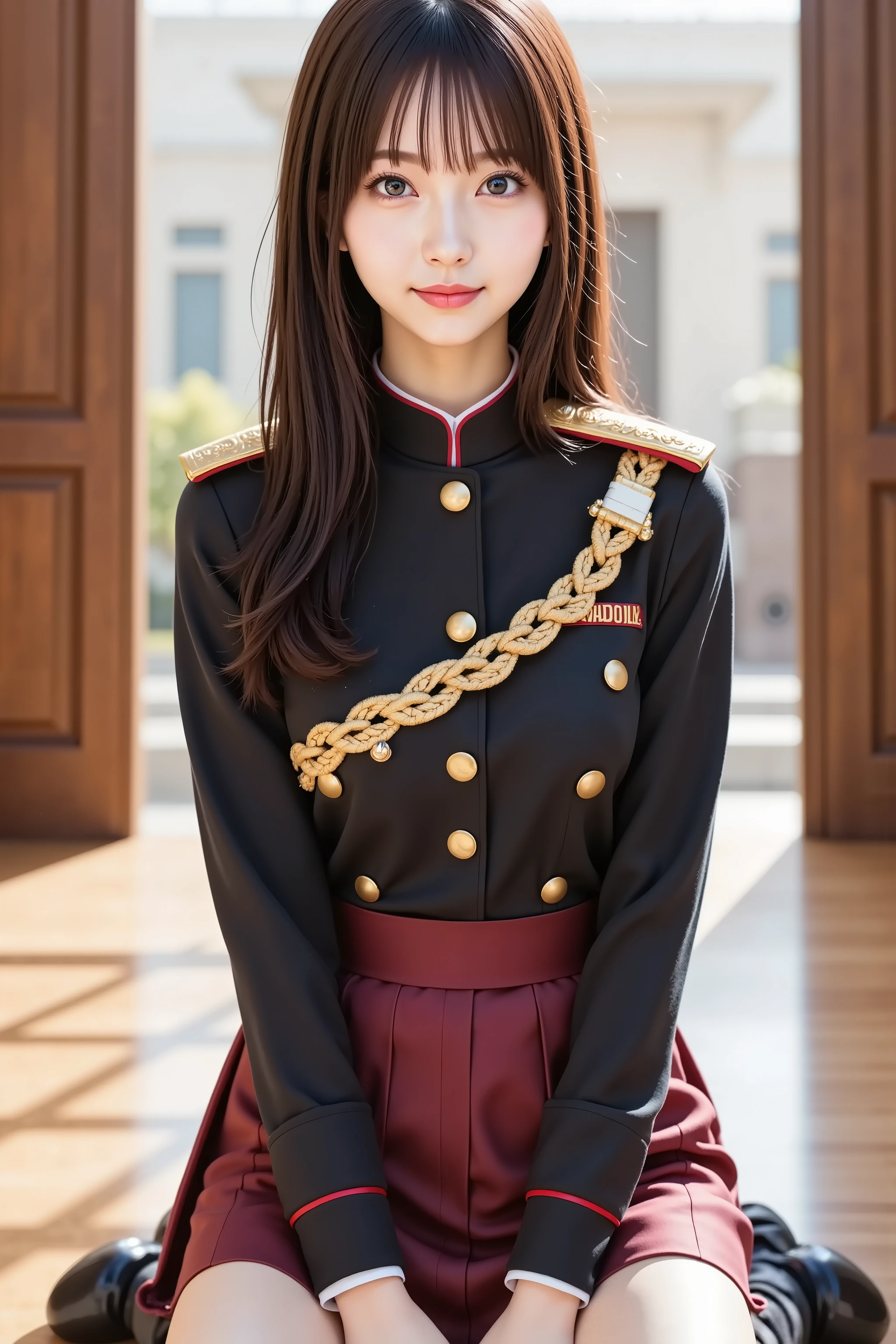 misaki, firm breasts, high-resolution 8K ultra-detailed anime-style CG illustration of a beautiful young woman in a military-inspired uniform, kneeling gracefully on a polished wooden floor inside a stately academic or governmental building. The composition is carefully framed to fully include her head, upper body, and legs within the image boundaries, avoiding any cropping and preserving the full visual impact of her elegant posture and detailed outfit. She has long, flowing chestnut brown hair with a silky texture, gently cascading over her shoulders and down her back. Subtle light reflections bring out the rich tones and softness of her hair, with a few strands naturally falling across her face. A small white hairpin neatly secures part of her bangs to one side, adding a delicate touch to her overall appearance. Her large, deep blue eyes convey a blend of calm authority and quiet introspection, further emphasized by her lightly blushed cheeks and pale, flawless skin illuminated by ambient daylight.
She wears a sleek black military-style jacket, precisely tailored and adorned with structured golden epaulets and detailed gold braiding that crosses the chest in diagonal strands. The jacket features crimson trim along the edges and is fastened with polished brass buttons, tightly fitted to flatter her slim figure and evoke a commanding presence. Her high-collar neckline and long sleeves enhance the formal design, making her look both dignified and poised. She pairs the jacket with a short, pleated burgundy skirt lined with white trim, revealing her upper thighs and complementing the boldness of the top. She wears thigh-high black socks and dark, glossy formal shoes, partly visible at the lower edge of the frame.
The background features an open pair of tall wooden doors, through which soft golden sunlight enters the room, casting warm, natural shadows across the floor and her uniform. Outside the doors, blurred hints of trees and a white neoclassical building can be