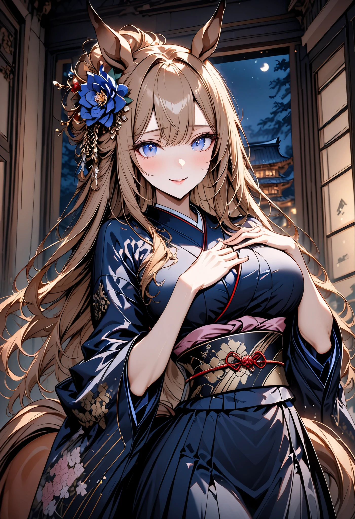 solo, female, centaur, large breasts, thin waist, shy, horse ears, intelligent, student, Chestnut brown fur, cherry blonde hair and tail, gentle, smile, Japanese clothes, fusion architecture, luxurious, beautiful kimono, adult, Victorian, wealthy, close up, centaur, centaur, Victorian, centaur girl, very tall, long straight hair, tied hair, simple dress, close up,  steel blue eyes, hair ornament, hair flower, obi, night, hand on chest, handheld fan, indoors, mansion