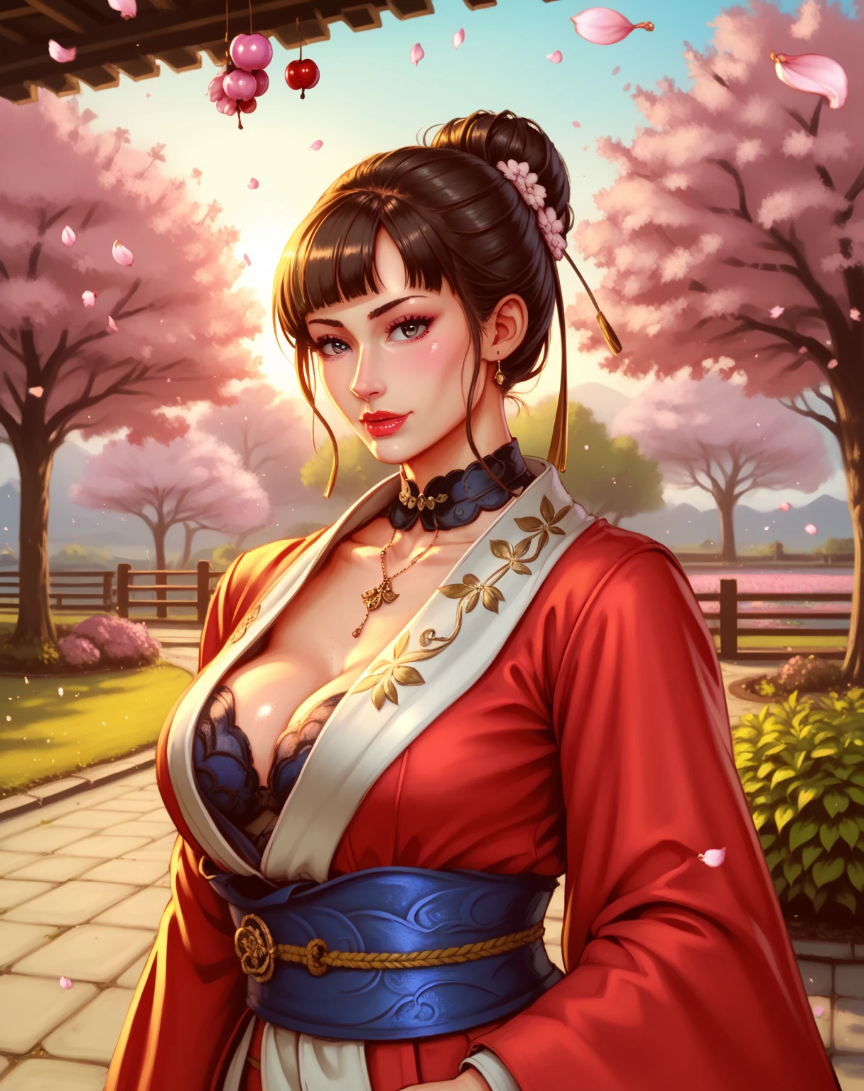 Japanese Beauty,Cherry Blossoms,Petals are just beginning to fall, In a park rich in nature、plant, (((Sexy姿势的杰作))), ((best quality)), ((complicated)), ((Surrealism)), Mature woman, Mature woman, Thin waist, Very detailed, shape, mai Shiranui, ((Huge breasts)), Perfect hands, Finger details, beautiful eyes, ponytail,Brown eyes, (mai Shiranui suits:1.2), earrings, Long detailed background, Perfect eyes, Charming eyes, Looking at the audience, Rosy cheeks,Sexy,Cleavage,cute,Smile,beauty,Breast close-up,beauty的乳房,Osaka Castle,Japanese Shrines,Fuji Mountain,waist,Straight chest,Firm breasts