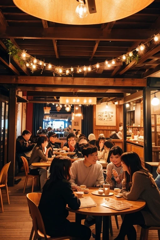 anime scenery, Zoom into a cozy restaurant with warm lighting.
Tables filled with people enjoying their meals, chatting animatedly.
Waiters bustling around, serving dishes and refilling drinks.
colorful anime background