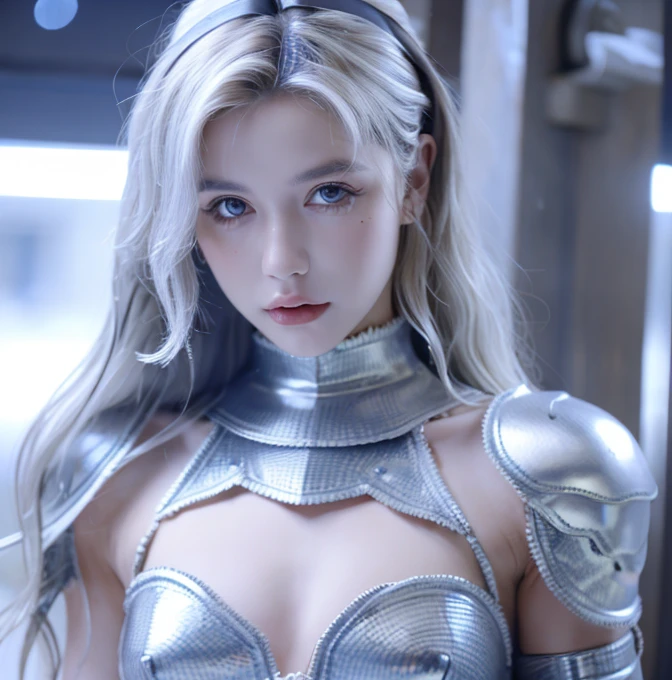 8k, masterpiece, RAW Photos, Highest quality, Realistic, 非常に精細なCG Unity 8k壁紙, Depth of written boundary, Cinematic Light, Lens flare, Ray Tracing, (Very beautiful face, Beautiful Lips, Beautiful Eyes), Exquisitely detailed face, ((Highly detailed skin)) One Girl, In the Dark, Deep Shadow, Attractive Russian Model、Nata Lee, ((View your viewers)), (A seductive smile), (Blurred Background), (Large Breasts:1.5), Earrings, bracelet, necklace, Clear Eyes, castle room, Holding a sword, Front shot, (Pale skin), Look forward, (Big eyes), ((Upper Body Shot)), (Camel Toe, shape), ((nice (White Metal Armor) White cape design:1.5)), (Umbilical cord prolapse:1.5), Light blonde hair, (ponytail), ((A seductive smile)), ((Camel Toe)).