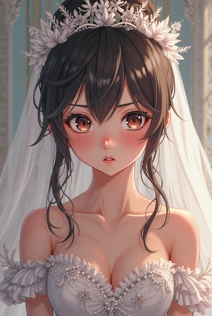 best quality, highres,Slender、brown eyes、tall、black hair、（Forehead exposed:1.7),straight hair、luxury hotel、(White lace bra:1.5)、(white panties:1.3)、(Braid:1.5)

