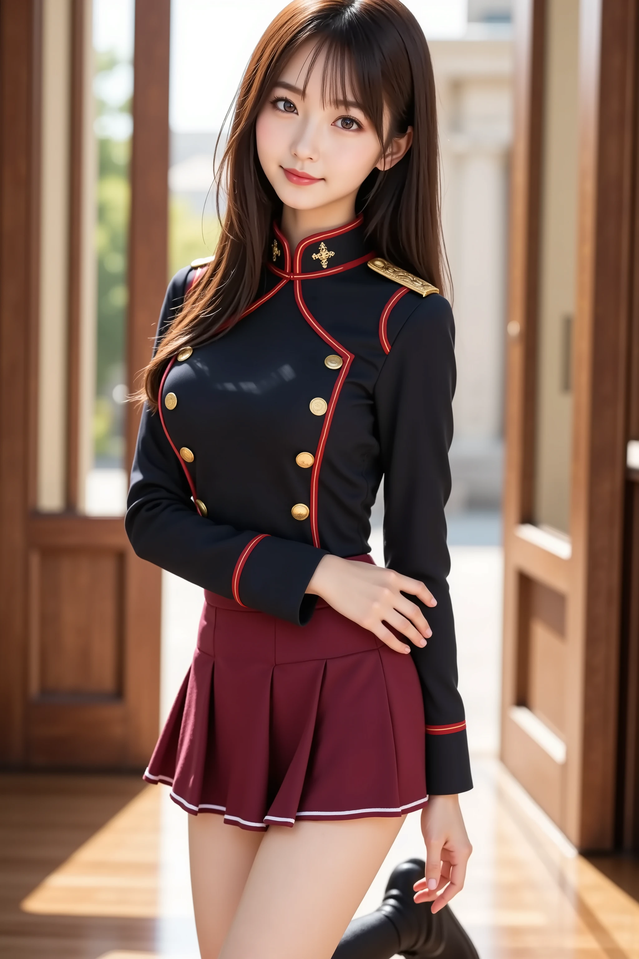 An uniform,Hogwarts style,of heat,without being in a pornographic style, please,na cor vermelha,with a shield with a Jaguar