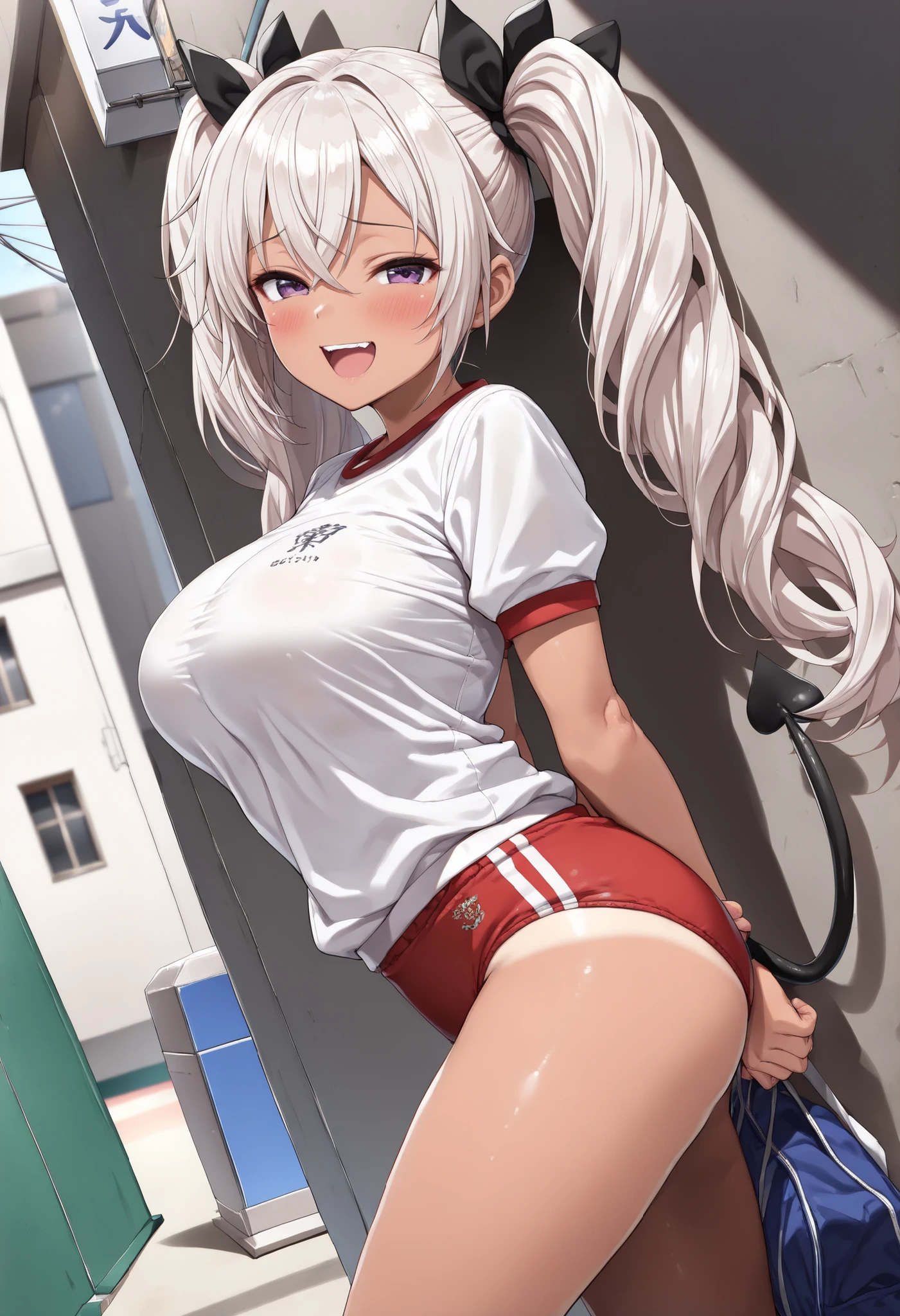 Score_9, Score_8_up, Score_7_up, Score_6_up, Score_5_up, Score_4_up, Source_anime, (1 girl), (female of Beautiful anime girl), (very beautiful face:1.4), Beautiful face, Perfect face, Highly detailed beautiful face and eyes, (wonderful smile), (perfect anatomy), (tanned skin, high detail skin:1.4), (Big natural breasts), (beautiful thighs), (Beautiful purple eyes:1.2), (White Pink hair:1.2), (twin tail hair:1.2), crossed bangs, asymmetrical bangs, (Bitch, Black Gal:1.2), (white school gym uniform, red buruma:1.3), (Bitch, Prostitute, Exhibitionism:1.3), (The background is a back alley, Prostitution:1.3), Photorealistic anime girl rendering, Realistic anime 3d style, look at viewer, Reddish blush, (Panting face with half closed eyes, Face screaming sad voice), dynamic angle, perfect body, (perfect Pause:1.2), 最高品質,傑作,公式アート,高品質, 高解像度,エピックシーン, 最高品質 , 高品質 , 徹底的な, 高解像度, 8k, 超高解像度 , プロ品質, Perfect contrast , パーフェクト照明, 解剖学的に正確な, (side view:1.3), 
