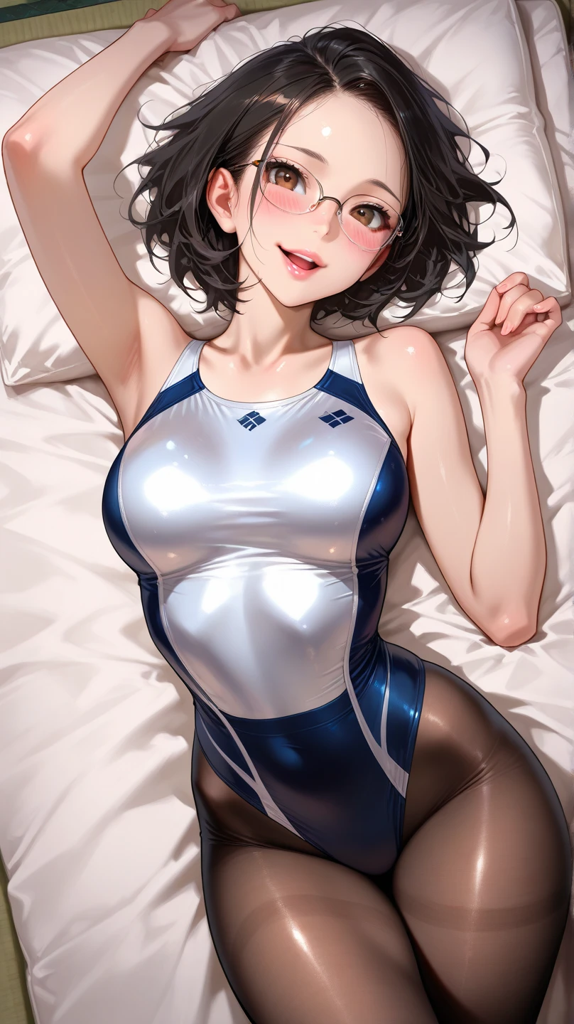 1girl,one-piece swimsuit,(white elbow_gloves) ,white kneehighs,black hair,brown eyes,in bedroom,twin tail,masterpiece