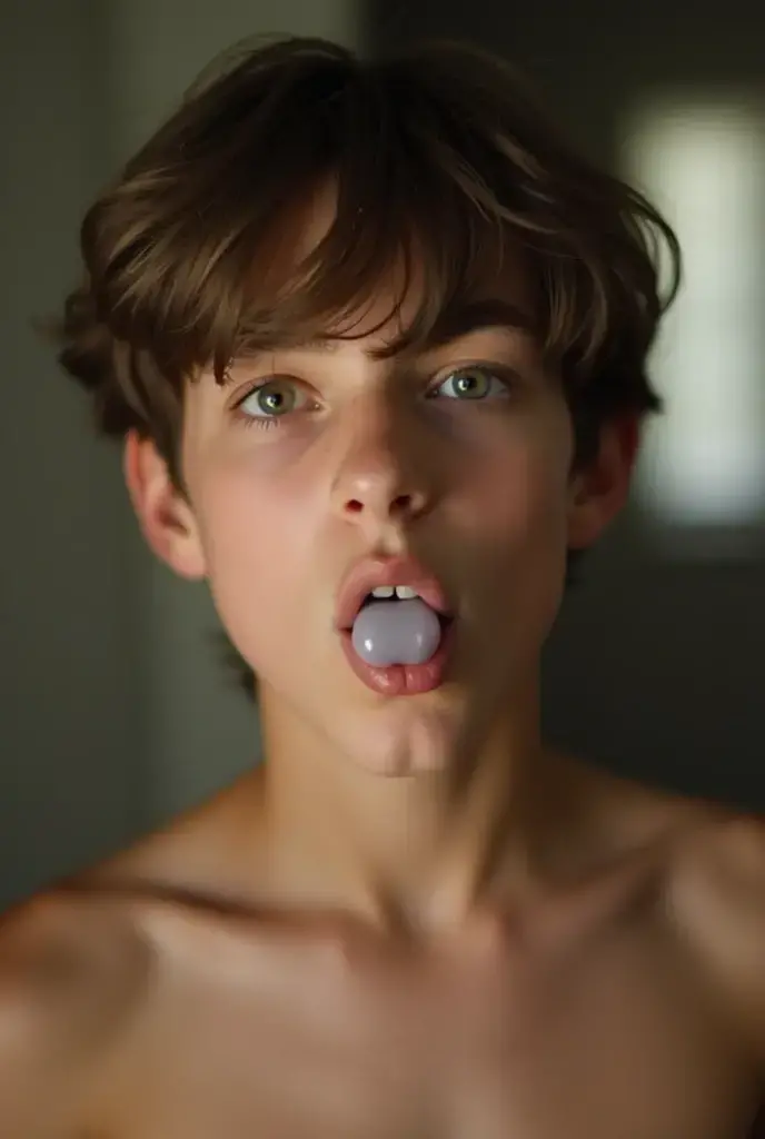 Shirtless, 17-year-old white male, restrained, reluctant, crying, fair skin, tongue out