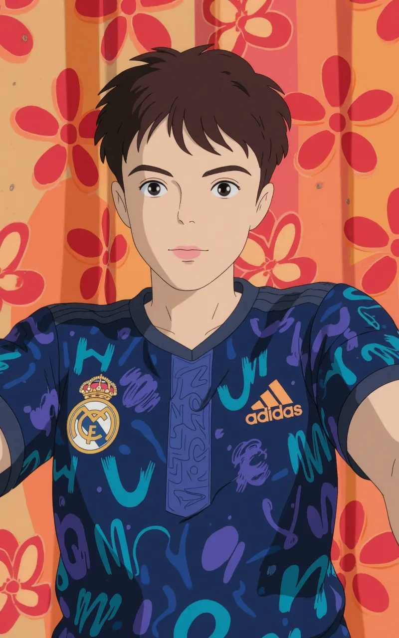 Give me a picture of a boy with fair skin and straight, ear-length black hair., segurando uma camisa de futebol. The boy has to be dressed in a white football team shirt with black pants.