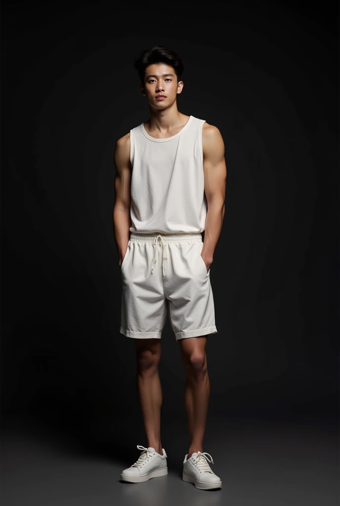 1man,asian, Handsome,musculous,hairy bodies,(topless:1:1) , athletic sneakers,White socks,White sports shorts(Detailed eyes:1.3),Black eyes,full body, standing, looking at viewer, dynamic angle.