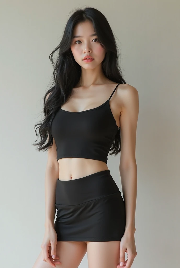 skinny white girl with black hair in a crop top shirt and a mini skirt full body.