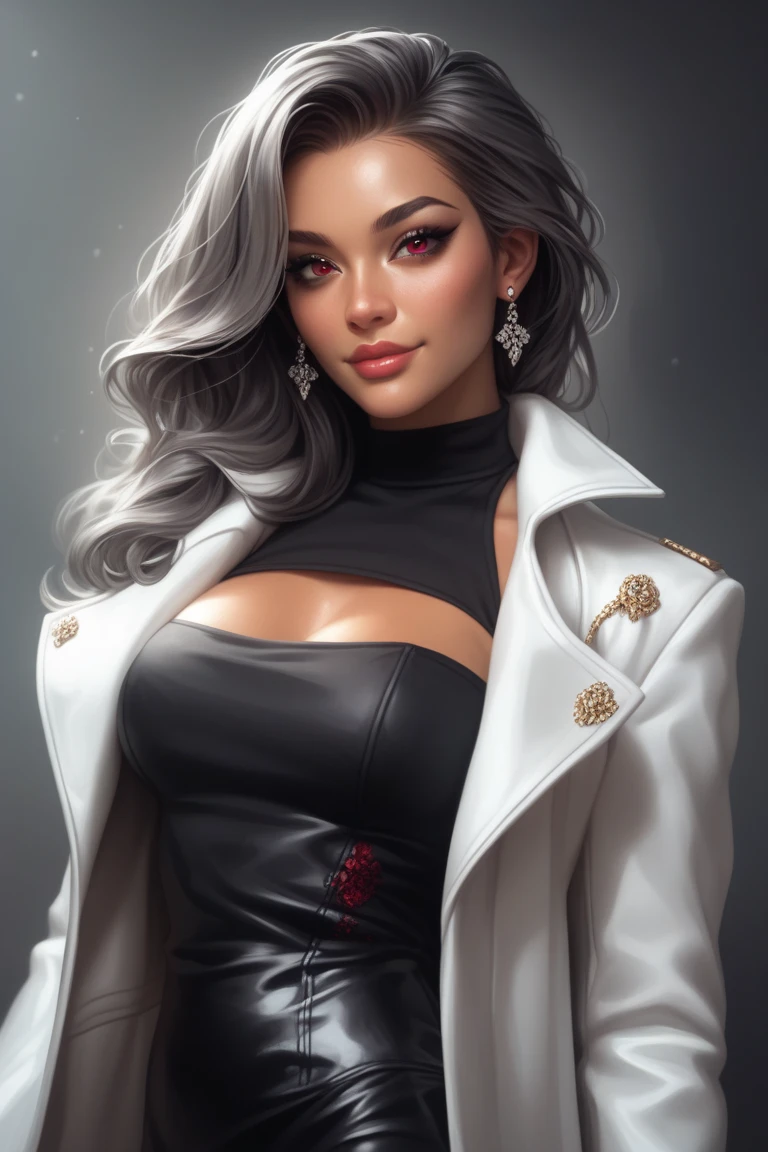 Best quality, masterpiece, high resolution, 1 young black woman, black chorus jacket dress,light gray dress,white hair,beautiful face,physique, Tyndall effect, realistic, dark studio, rim lighting, duotone lighting,(high detail skin: 1.2), 8k uhd, DSLR, soft light, high quality, volumetric light, stealth shot, photo, high resolution, 4k, 8k, bokeh