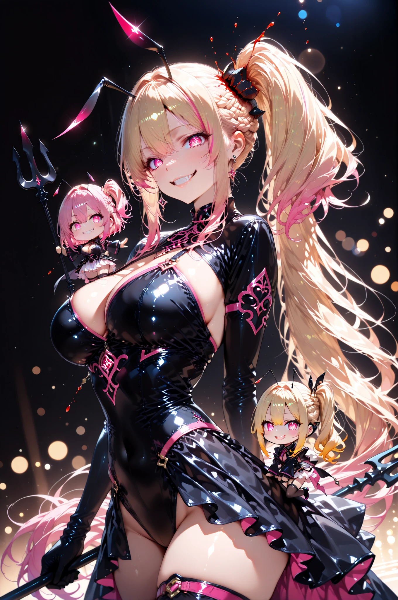 masterpiece,best quality,best resolusion,1 girl,2heads,detailed,Beth character,Has two purple horns on a slightly curved head,long blonde hair,purple skin,purple eyes,smile,wearing a black hooded jacket,normal breasts,night market background,beautiful face,beautiful hair,beautiful eyes,beautiful body,beautiful hand,perfect lighting,colored