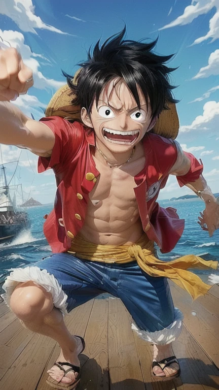 Luffy (One Piece), right arm raised, smile and happy face, on a small boat in the open sea, seagull with a pirate hat on top of the boat's sail.
