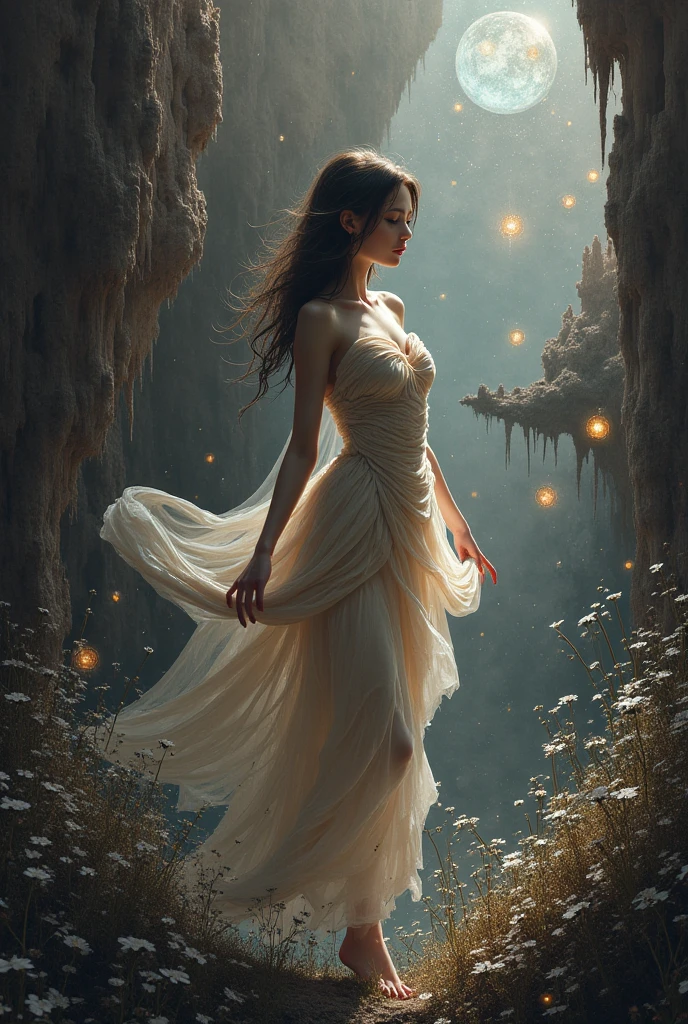 Masterpiece, high quality, extremely detailed,

Beguiling, seductive, alluring, ethereal. A dress highly detailed in fractal embroidery, glowing with magical light, dark braided hair.

warm tones. Warm hues.

Fantasy style. Fantasy dreamlike art. Soft dreamy watercolor.

Atmospheric, rustic, moody, misty.

<lora:RMSDXL_Enhance:1>,
<lora:The_Dark_Side_of_the_Earth:0.8>
<lora:Ghostly_Style_SDXL:0.2>
<lora:DonMP4ste11F41ryT4l3XL-000008:0.4> DonMP4ste11F41ryT4l3XL 
