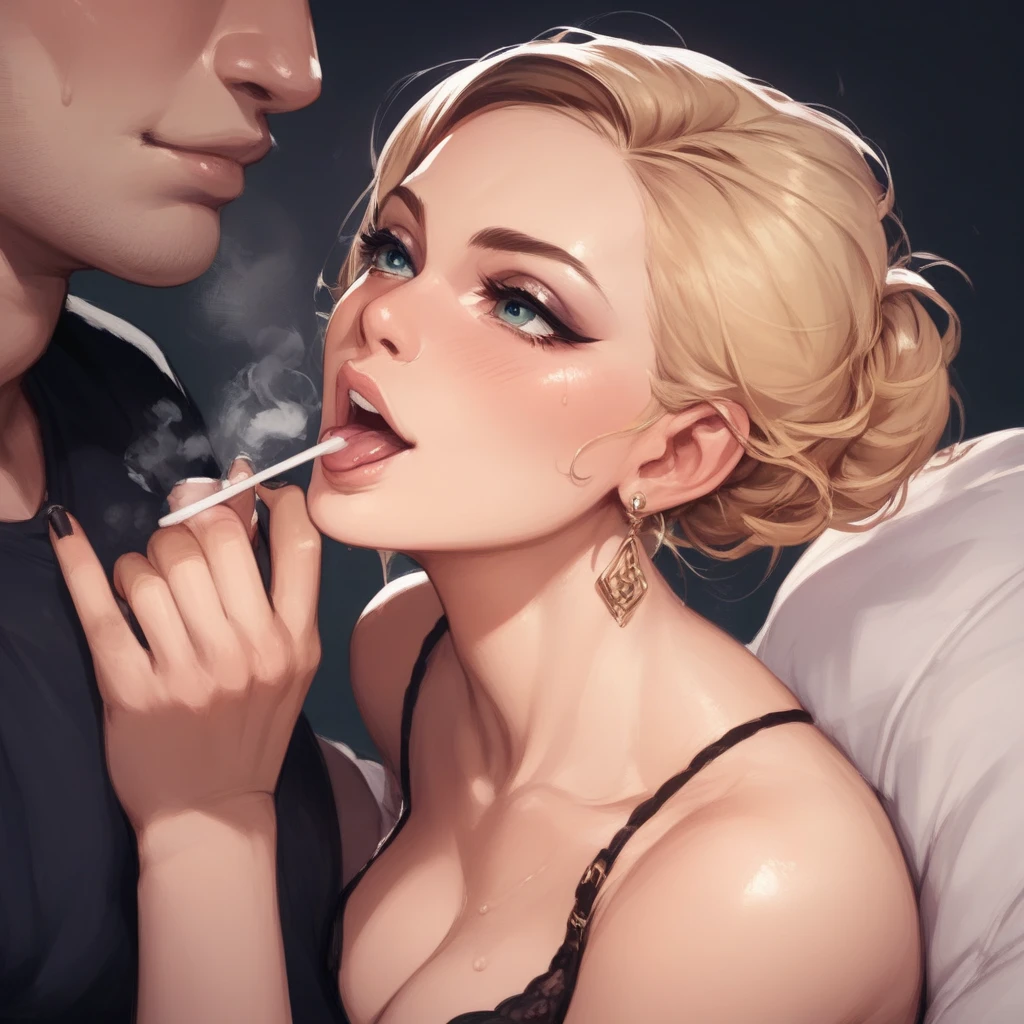 score_9, score_8, score_7_up, A sexy female cyborg playing billiards, bending over seductively to sink the ball, as horny butches watch hungrily, dimly lit by diffused cigar smoke, the air thick with alcohol and masculinity, the men undressing her with their eyes, desperately wanting to take her right there on the table in a perverse way