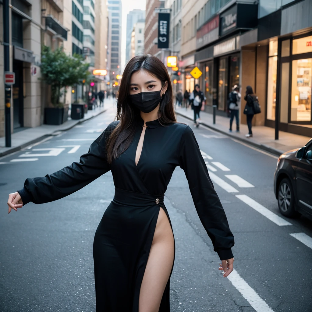 (masterpiece:1.3), (8k, Realistic, RAW Photos, highest quality: 1.4), (1 female), Beautiful mature face, Beautiful big breasts、(Thin face), Beautiful grey hairstyles, Realistic eyes, Beautiful and beautiful eyes, (Realistic skin), Beautiful Skin, break、(ribbed fabric Sweater dress、Big Size), Confused, charm, charm、Ultra-high resolution, Surreal, Very detailed, Beautiful feet、Charming thighs、((Full Shot :1.8)) , Office Girl、Back streets at night、Busy Street、Shadow、Shyly、Shiny sexy lips and lip gloss💄、Glossy fluorescent pink lipstick、(Sweat, vapor)、((mask、narrow, drooping eyes、Cold Stare、Don't look here))