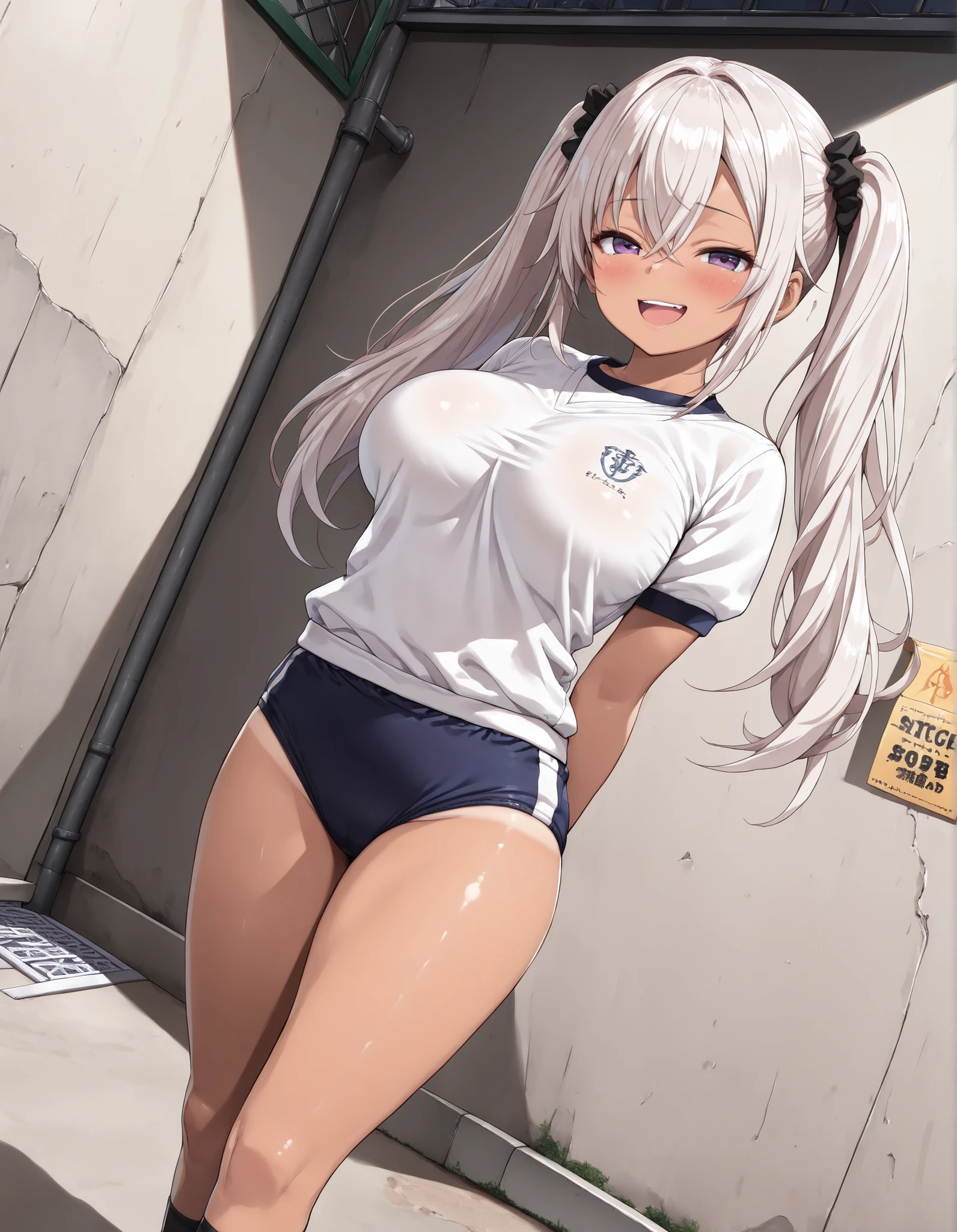 Score_9, Score_8_up, Score_7_up, Score_6_up, Score_5_up, Score_4_up, Source_anime, (1 girl), (female of Beautiful anime girl), (very beautiful face:1.4), Beautiful face, Perfect face, Highly detailed beautiful face and eyes, (wonderful smile), (perfect anatomy), (tanned skin, high detail skin:1.4), (Big natural breasts), (beautiful thighs), (Beautiful purple eyes:1.2), (White Pink hair:1.2), (twin tail hair:1.2), crossed bangs, asymmetrical bangs, (Bitch, Black Gal:1.2), (white school gym uniform, navy buruma:1.3), (Bitch, Prostitute, Exhibitionism:1.3), (The background is a back alley, Prostitution:1.3), Photorealistic anime girl rendering, Realistic anime 3d style, look at viewer, Reddish blush, (Panting face with half closed eyes, Face screaming sad voice), dynamic angle, perfect body, (perfect Pause:1.2), 最高品質,傑作,公式アート,高品質, 高解像度,エピックシーン, 最高品質 , 高品質 , 徹底的な, 高解像度, 8k, 超高解像度 , プロ品質, Perfect contrast , パーフェクト照明, 解剖学的に正確な, 