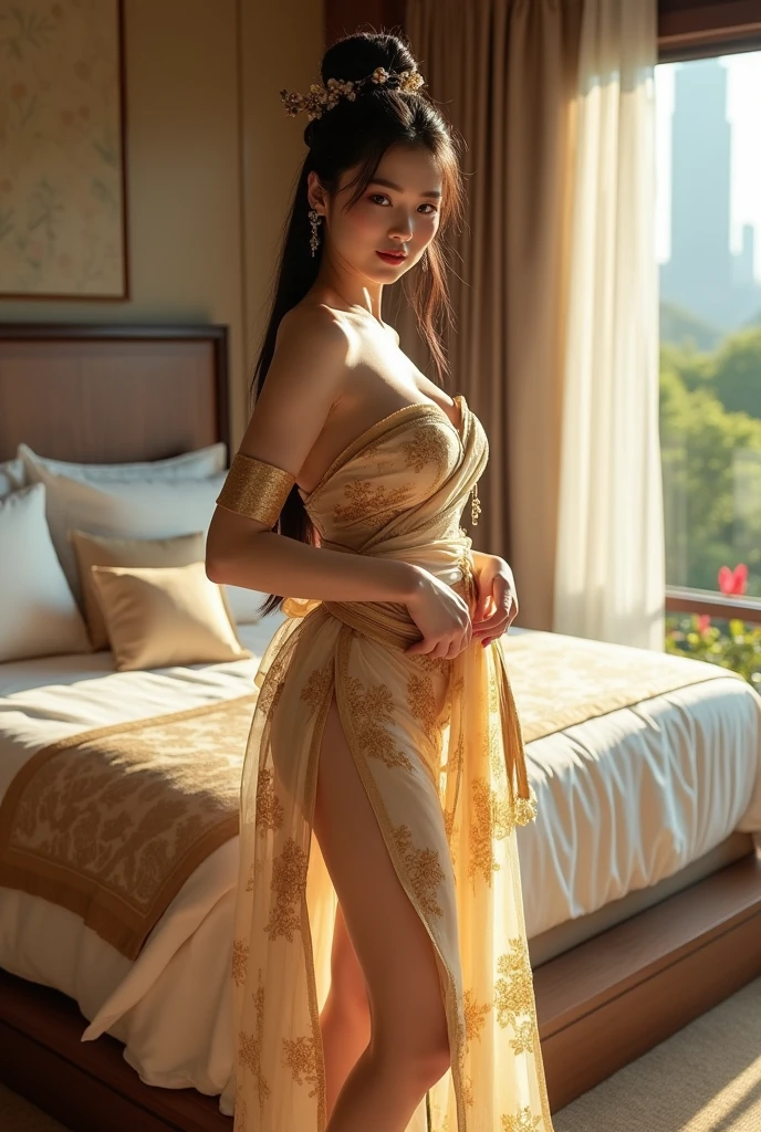 a young asian girl, full body, wearing a transparent pink golden dresses, big ribbon ornament on hair, floral earrings, big penis on vagina, a penis penetration on vagina,