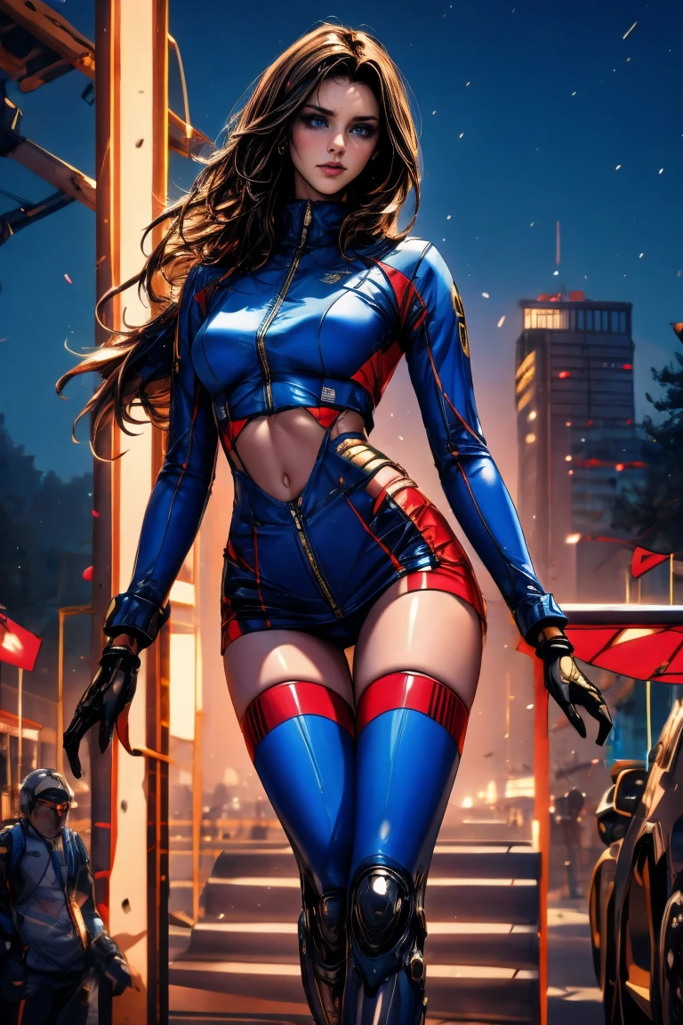 blue and red spider man suit. Skirt with Jinx bullet accessories in metropolis, at night. in a super tall building, with superhero costume, Spider woman