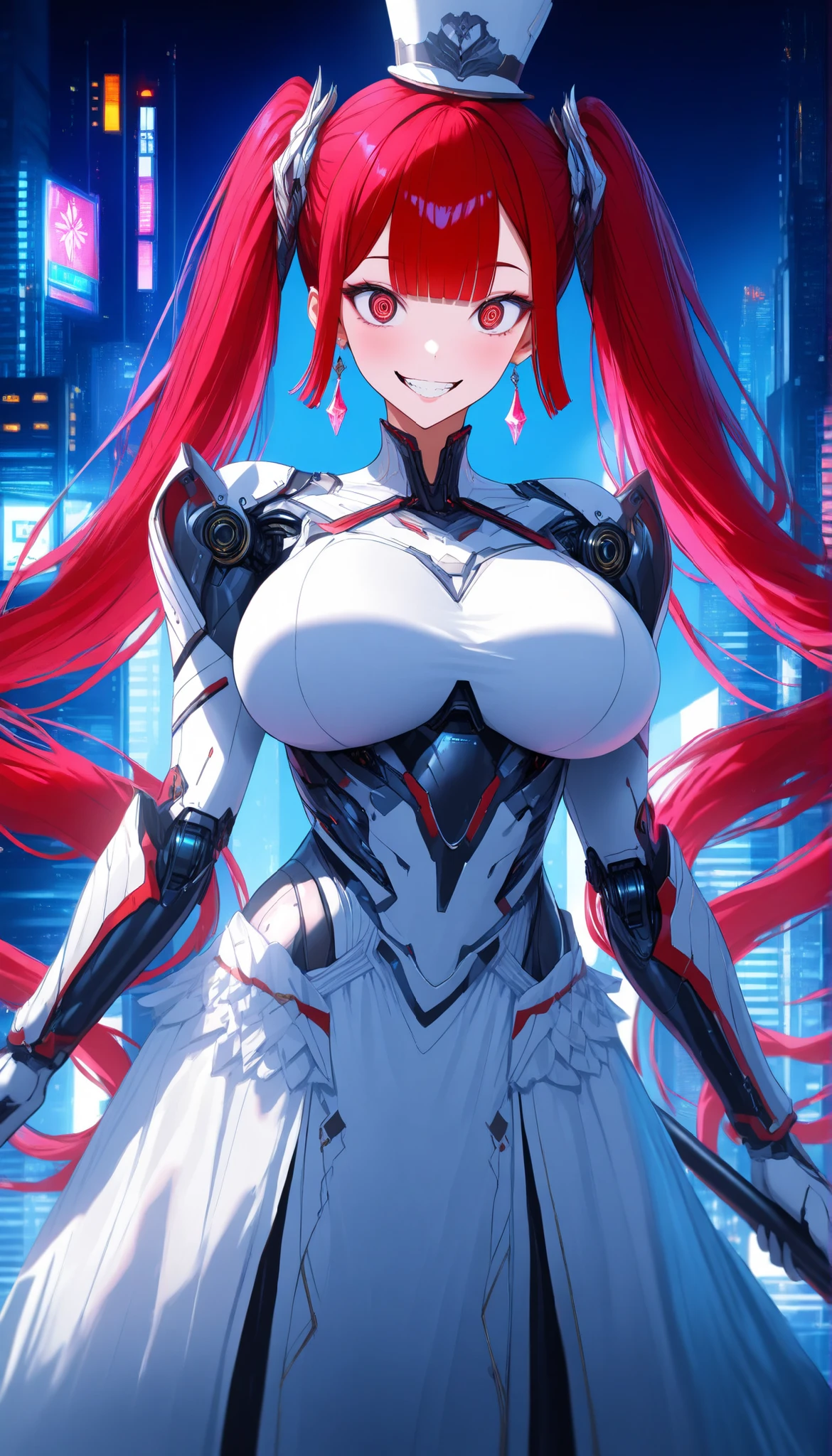 SOLO,Cyberpunk city background, A female robot with perfect body,oppai,Wearing White biological armor,(White Princess dress long hem), (white and red hair, twintails, blunt bangs),whit Mini top hat, Crazy eyes, Crystal earrings, crazy smile, social media composition,(Holding A white Short Cane),UHD, anatomically correct, masterpiece, textured skin, high details, highres, 1080P, 16k, accurate, Beautiful face, Perfect face, Highly detailed beautiful face and eyes, Attractive face, Detailed face, Delicate facial features, Detailed skin,Cowboy shot,Look at the viewer,(((hbig bosom)))