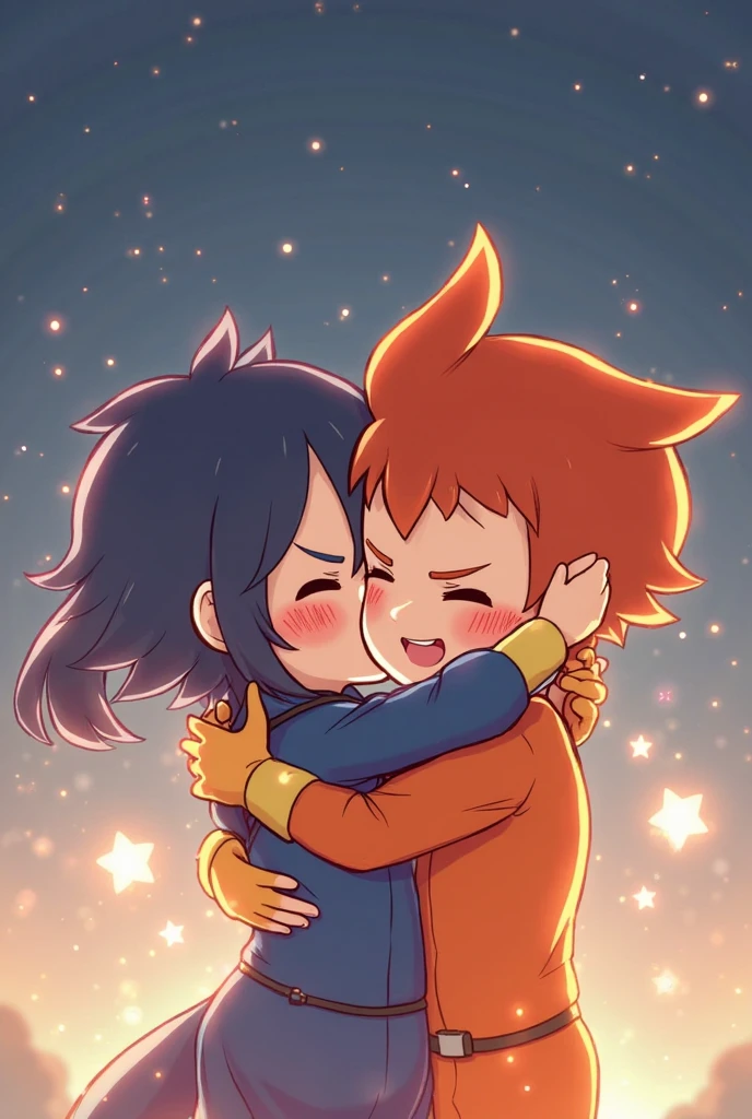 Mayoi hugging cute girl with long caramel hair and brown eyes