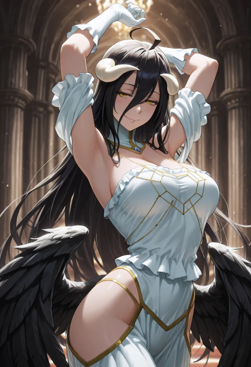 albedow, albedowings, medium breasts, long black hair, yellow eyes, white dress, white elbow gloves, looking at viewer, evil smile, parted lips, cowbot shot, indoors, marble floor , naked, , (((young))) , no clothes, flat chest,