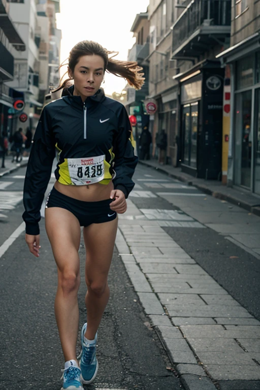 sexy woman, 27 yo, black disheveled hair, running down a city street, Japan