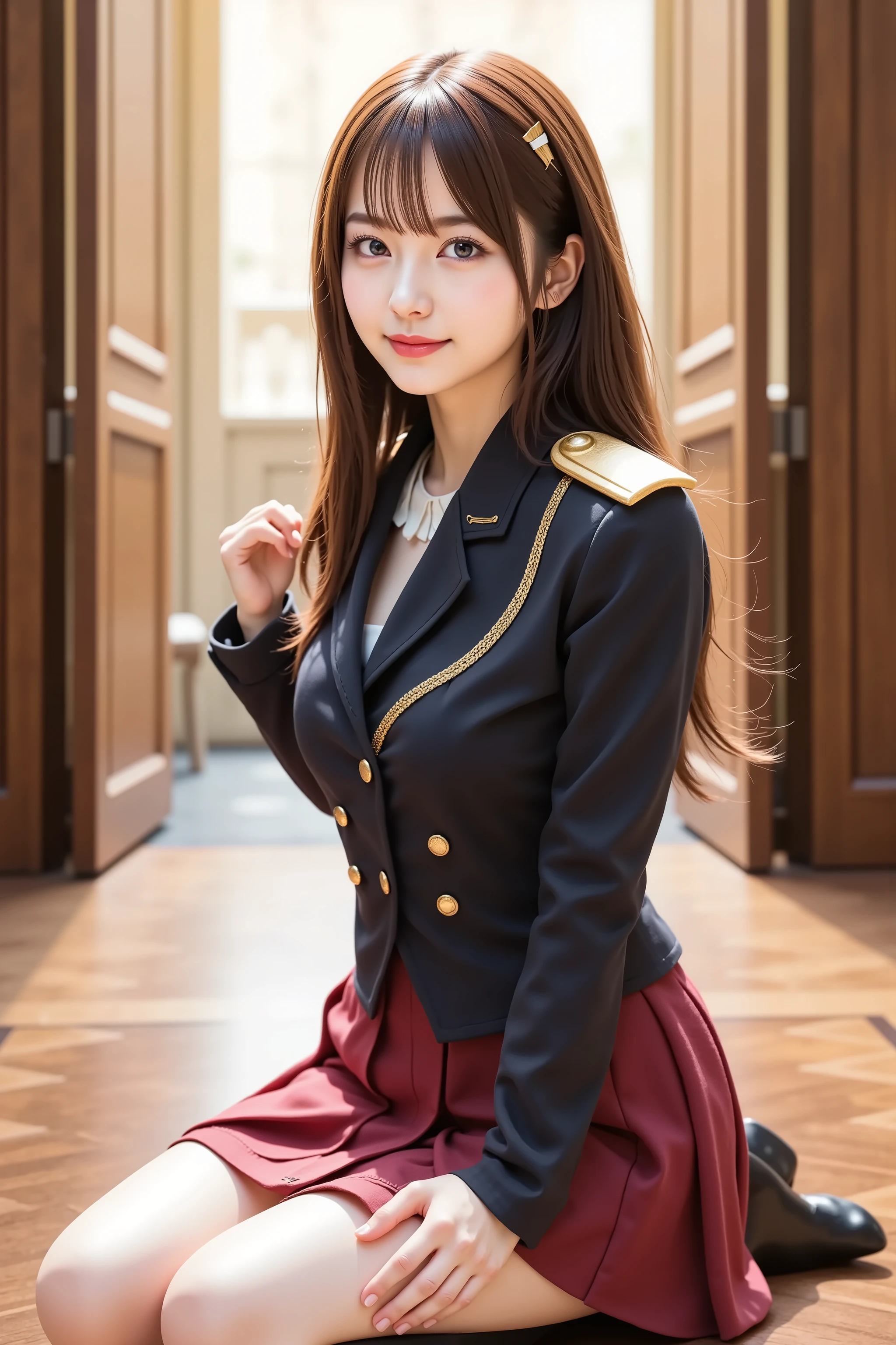 sakura, huge breast, high-resolution 8K ultra-detailed anime-style CG illustration of a beautiful young woman in a military-inspired uniform, kneeling gracefully on a polished wooden floor inside a stately academic or governmental building. The composition is carefully framed to fully include her head, upper body, and legs within the image boundaries, avoiding any cropping and preserving the full visual impact of her elegant posture and detailed outfit. She has long, flowing chestnut brown hair with a silky texture, gently cascading over her shoulders and down her back. Subtle light reflections bring out the rich tones and softness of her hair, with a few strands naturally falling across her face. A small white hairpin neatly secures part of her bangs to one side, adding a delicate touch to her overall appearance. Her large, deep blue eyes convey a blend of calm authority and quiet introspection, further emphasized by her lightly blushed cheeks and pale, flawless skin illuminated by ambient daylight.
She wears a sleek black military-style jacket, precisely tailored and adorned with structured golden epaulets and detailed gold braiding that crosses the chest in diagonal strands. The jacket features crimson trim along the edges and is fastened with polished brass buttons, tightly fitted to flatter her slim figure and evoke a commanding presence. Her high-collar neckline and long sleeves enhance the formal design, making her look both dignified and poised. She pairs the jacket with a short, pleated burgundy skirt lined with white trim, revealing her upper thighs and complementing the boldness of the top. She wears thigh-high black socks and dark, glossy formal shoes, partly visible at the lower edge of the frame.
The background features an open pair of tall wooden doors, through which soft golden sunlight enters the room, casting warm, natural shadows across the floor and her uniform. Outside the doors, blurred hints of trees and a white neoclassical building can be