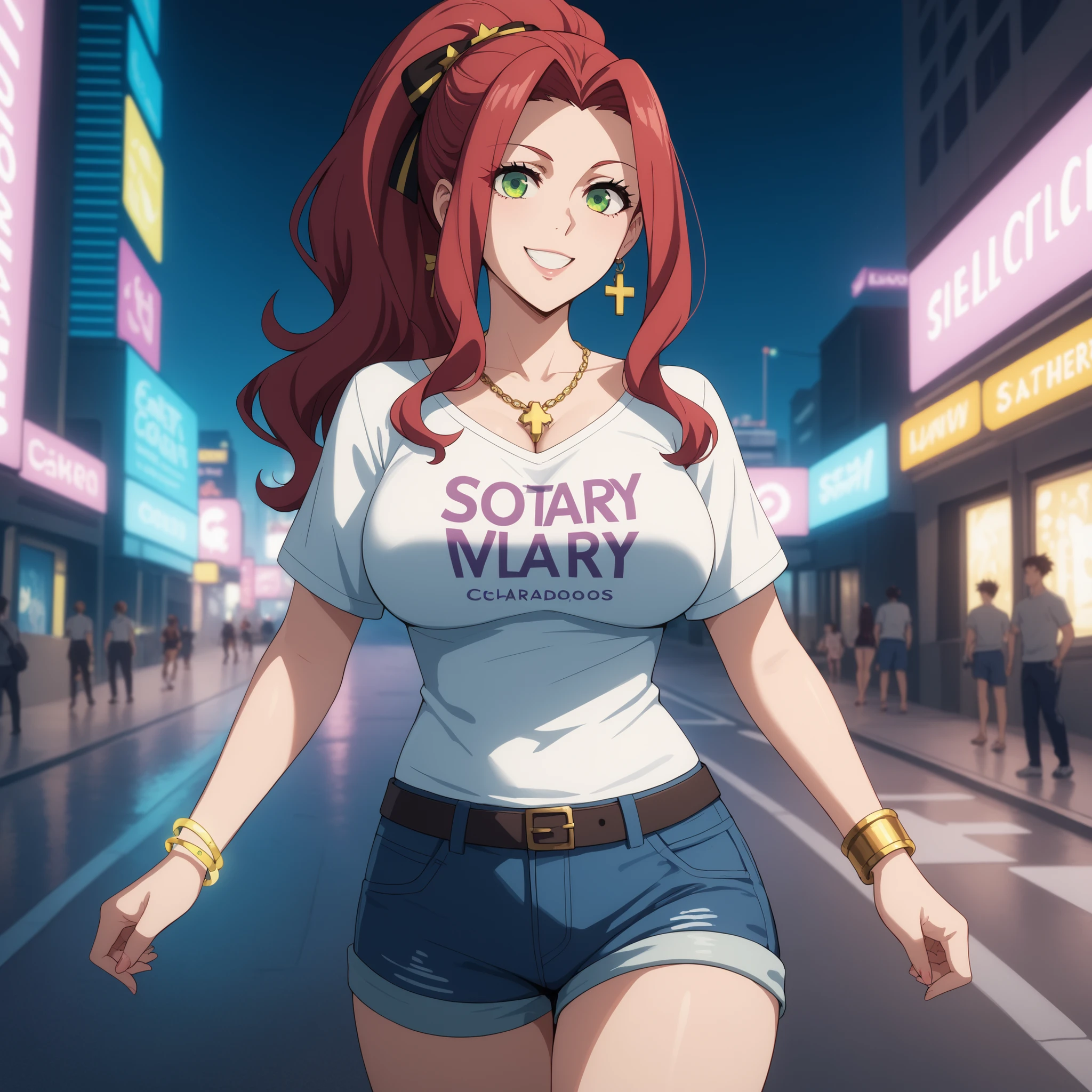 "malty melromarc, Her red hair tied in a ponytail, evil green eyes and shiny , pedantic smile, curvaceous and slender figure , big breasts y bien proporcionados. wears short green t-shirt with low-cut electronic design and denim shorts. Her skin shines with drops of water , giving a moist and realistic effect . She wears elegant accessories , such as golden bracelets and a delicate necklace . Walk gracefully through a cyberpunk city at night in the background. warm and soft lighting, highlighting the reflections in her skin and hair. anime style, ultra detailed, high quality art , 4k, soft shadows and vibrant light effects."( big breasts) is walking. standing.