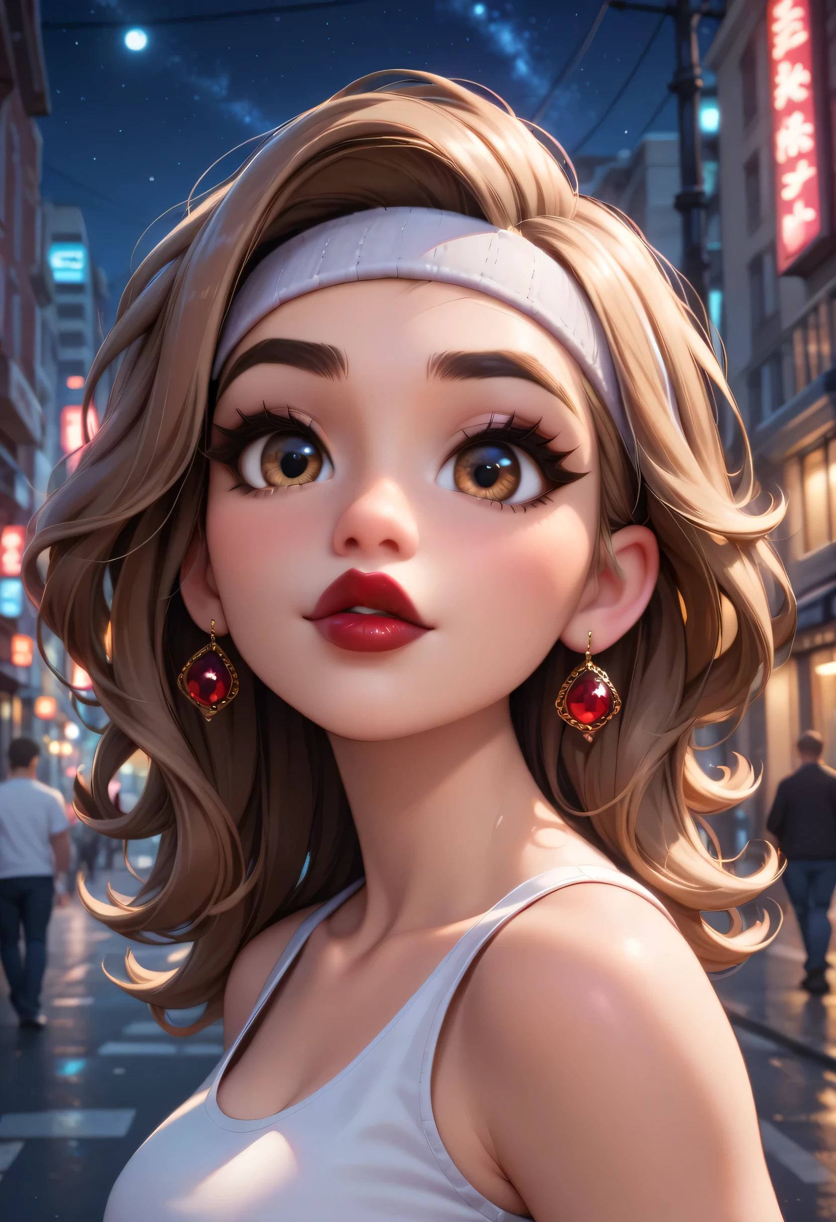 night sky, city street, perfect face, straight hair, lightest brown hair, white headband, black eyebrows, thick eyebrows, black eyeliners, big eyes, light brown eyes, bright red lips, thick lips, beautiful woman, white tank top