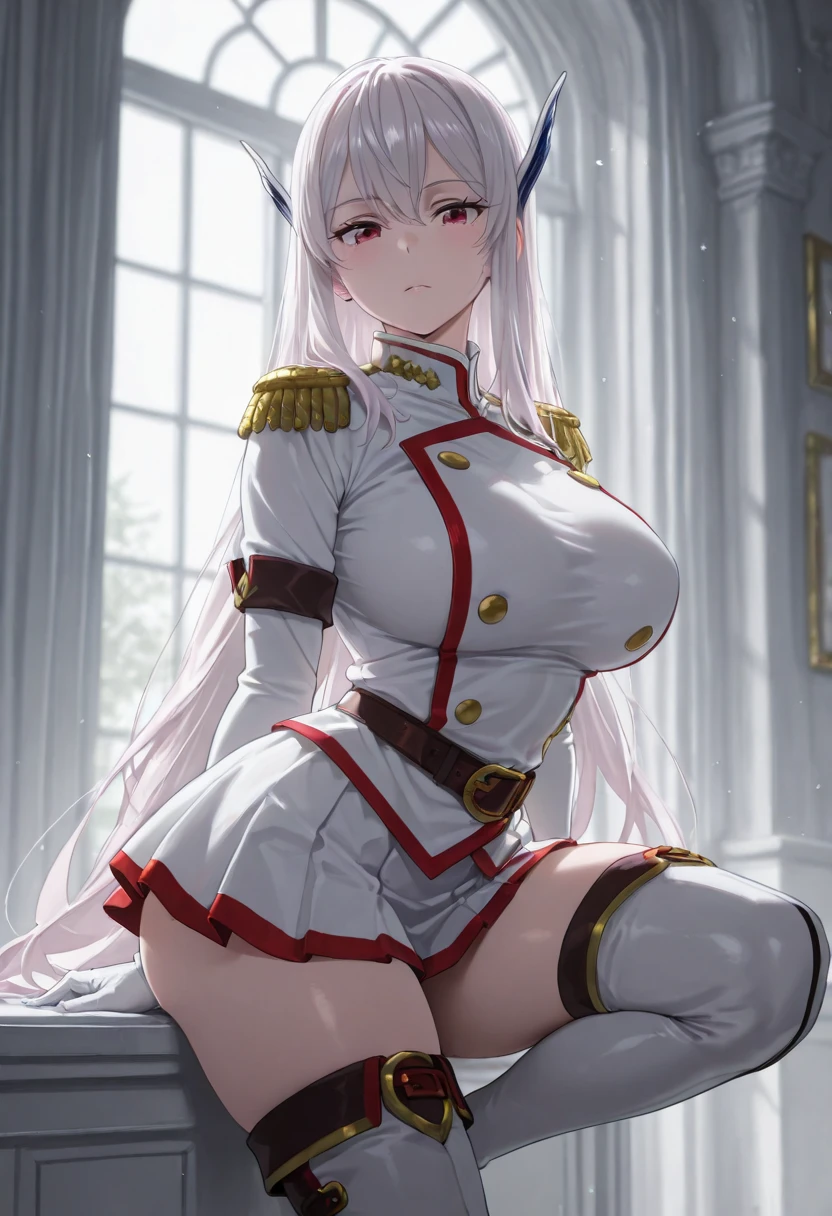 ((solo)), amazing masterpiece, top quality, high fashion, absurdres extremely, HDR, intricate details, vivid colors, flawless smooth skin, curvy beauty, very cute face, very cute girl, kyouka_uzen, 1girl, long hair, white hair, red eyes, thigh boots, thighhighs, boots, gloves, skirt, white gloves, large breasts,