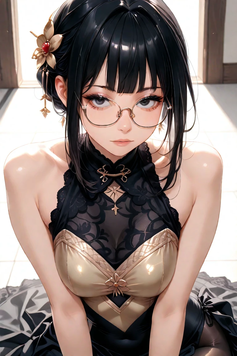 1 garota, glasses, olhos castanhos, cabelo preto, franja, sem calcinha, without bra,
camisa grande aberta na frente, cabelo curto, brincos de caveira, rabo de cavalo, medium layer hair, medium breasts, alta qualidade, axilas, olhando para o espectador, quarto detalhado, colar de cruz, medium shot.