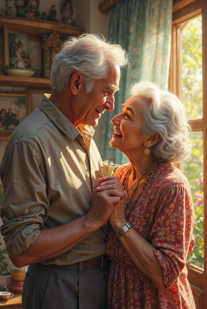 an old man looking at a picture from an album of his old wife, dynamic range, ultra wide shot, photorealism, depth of field, hyper realistic, there is a sense of longing, love, and touch of romance,