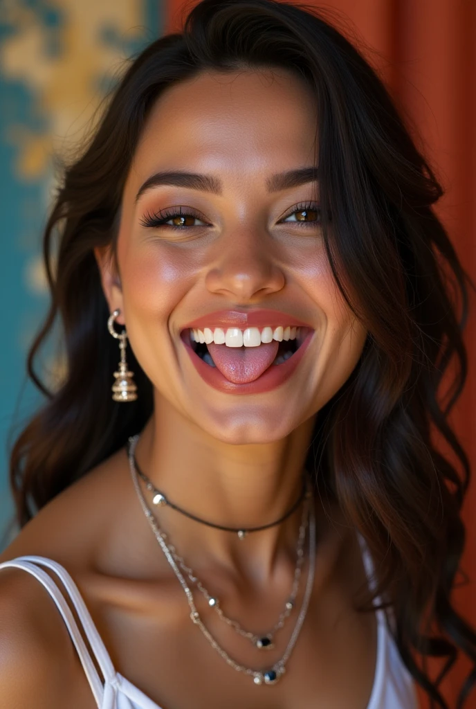 Portrait of a beautiful slim fit woman with her mouth open, white caucasian, mouth open, smile, eyes open, looking a the camera, brown hair, short hair, very detailed, sharp focus, aesthetic <hypernet:tongues-and-mouths-v2:1>