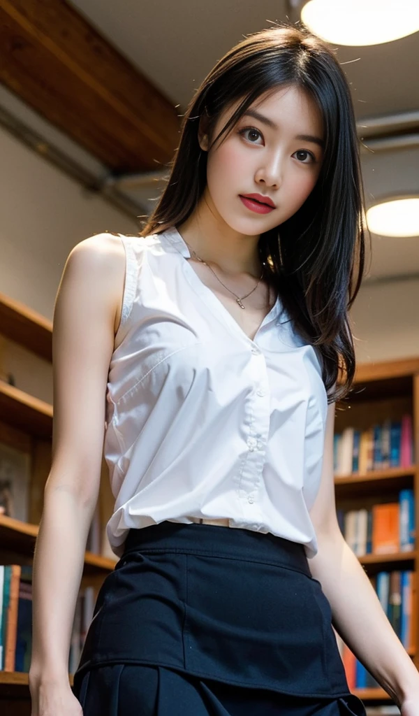 8K RAW Photos, High Resolution, 19 Years Old Korean, Big Round Breasts, School Uniform, Cute School Uniform, Skirt, Beautiful Eyes in Every Detail, Long Eyelashes, Beautiful Double Eyelids, Eye Shadow, Cut Eyes, Elongated Eye Shape, Sanpaku Eyes, Dark Eye Makeup, Mode Makeup, Evil Smile, Beautiful Thin Legs, Random Short Hair, Hair Tied Behind the Head, Earrings, School Library, Raise your hands and stick out your tongue