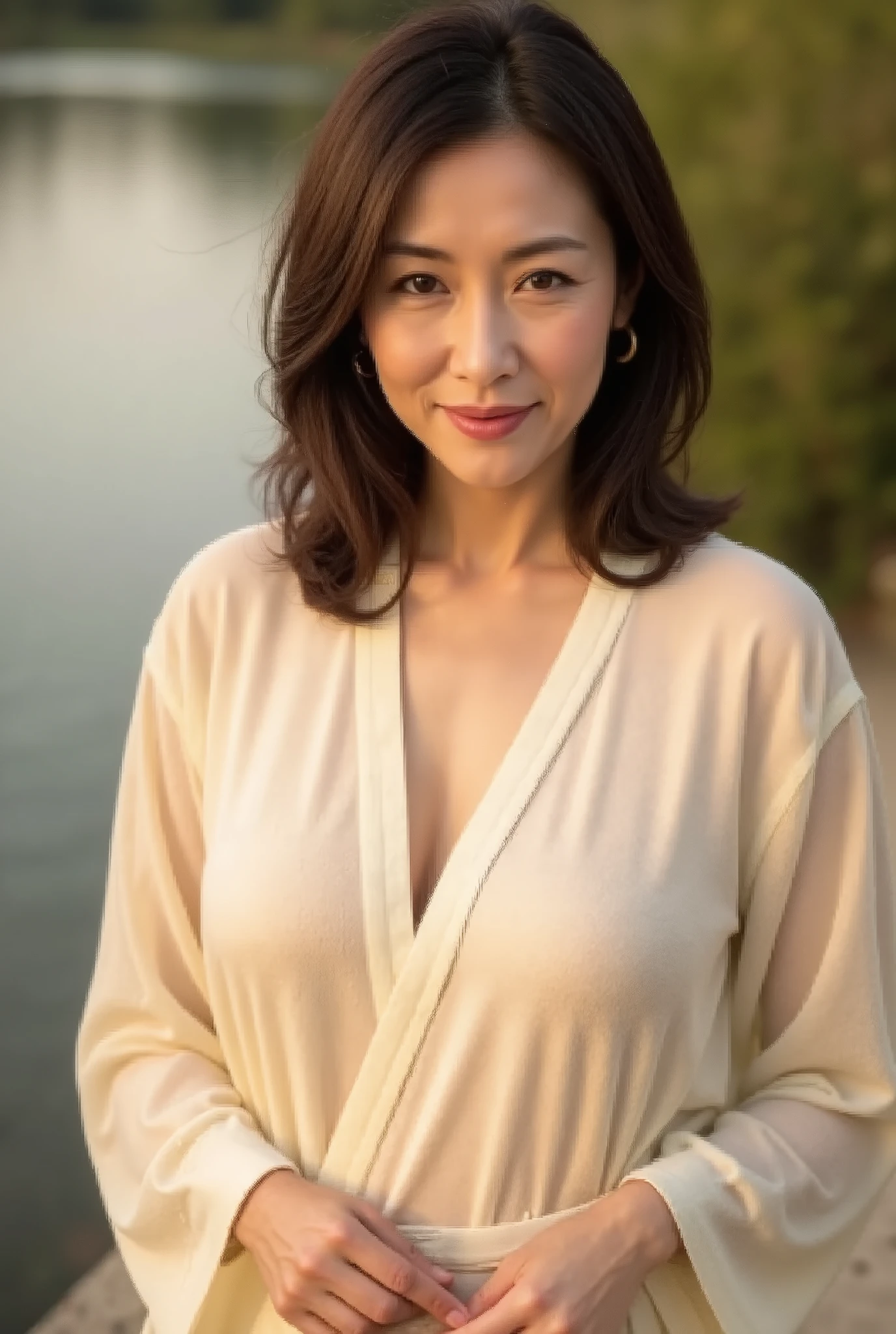 masterpiece, highest quality, High resolution, Photorealsitic, Raw photo, 8k wallpaper, perfection, Professional Lighting, Soft Light、Outdoor, Very detailed, Depth of written boundary,Sandy Beach、sunset, The sea breeze is strong、The wind is blowing((One beautiful woman, Japanese Mature)), (48yo)), Female Sexy, Detailed face, Beautiful Eyes, Shapely breasts, Boob Emphasis、I can see her cleavage、Light brown straight hair, (My hair is messed up by the crosswind:1.5),  Faint lips, ((Stand in front、looking at the camera、Brush your hair with one hand、)), Clothes wide open on the chest, Shoulderless knit dress、Cowboy Shot。
