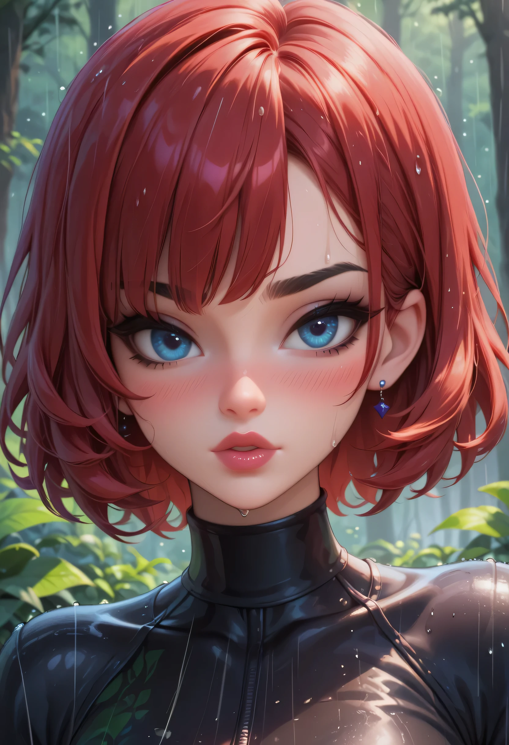 (Perfect Face, Short Cut Smooth Hair, Bright Red Hair, Black Thin Eyebrows, Blue Eyes, Purple Eyeshadows, Black Eyeliners, Blushing, Bright Red Thick Lips, Beautiful Woman) Forest, Cloud, Rain