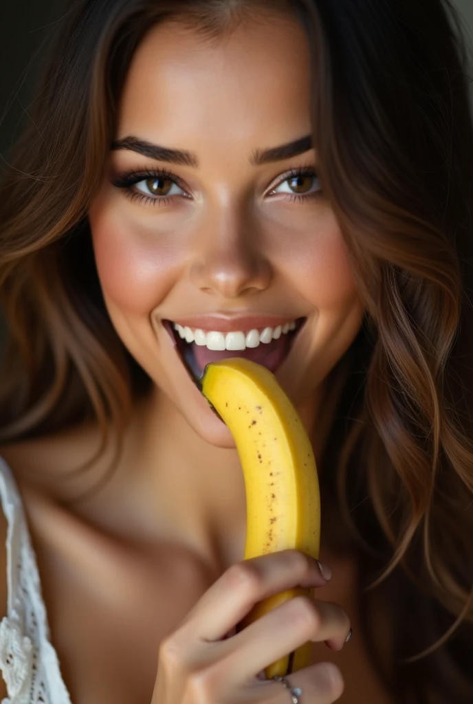 Beautiful Brazilian woman in her 30s、Looks delicious、Facing forward、With an erotic expression that seems to be seducing the man in front of her、Eating a peeled banana with his mouth wide open。photorealistic high quality images。9:16 vertical images。Background、Please recommend a famous Brazilian tourist spot.。