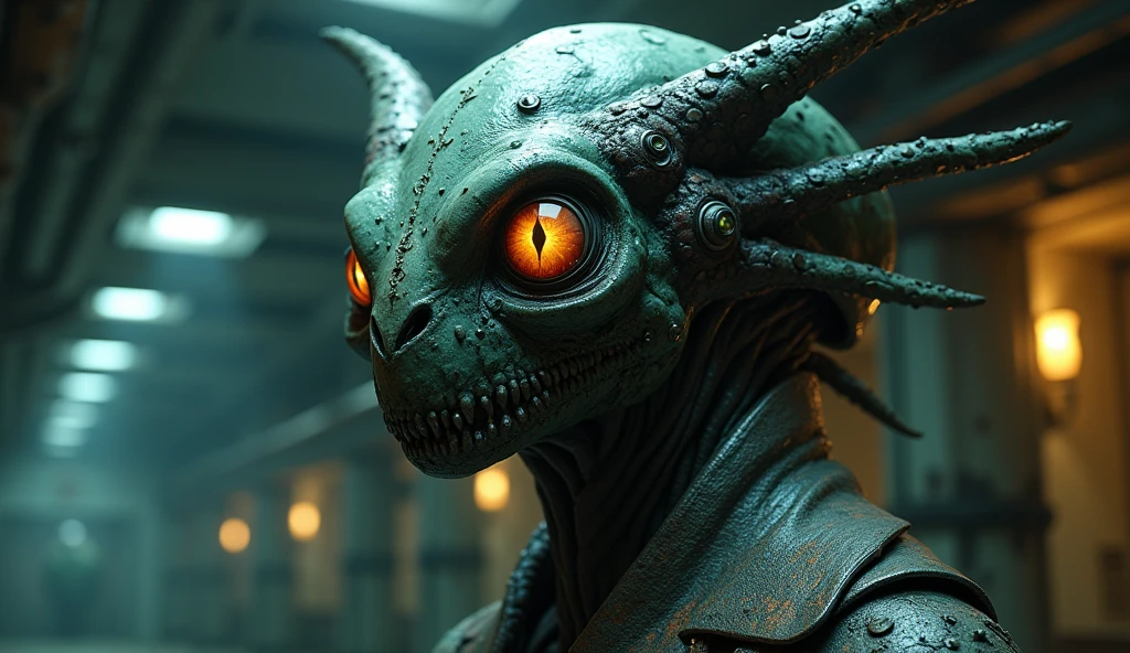 (1, solo,)(masterpiece) (high quality) (ultra detailed) (16k) (raw) (movie poster) (upper body) (dark green) (night time) (menacing composition) (scary movie lighting) (face details) (menacing face) (mouth open) (larva) (very sharp long teeth) (humanoid grasshopper, alien, real flesh, larva, feelers, standing on two feet) (inspired by Resident evil) (dead by daylight), (stings, scary, human size, scary power posing) (attention to detail, 50mmf/1.8)