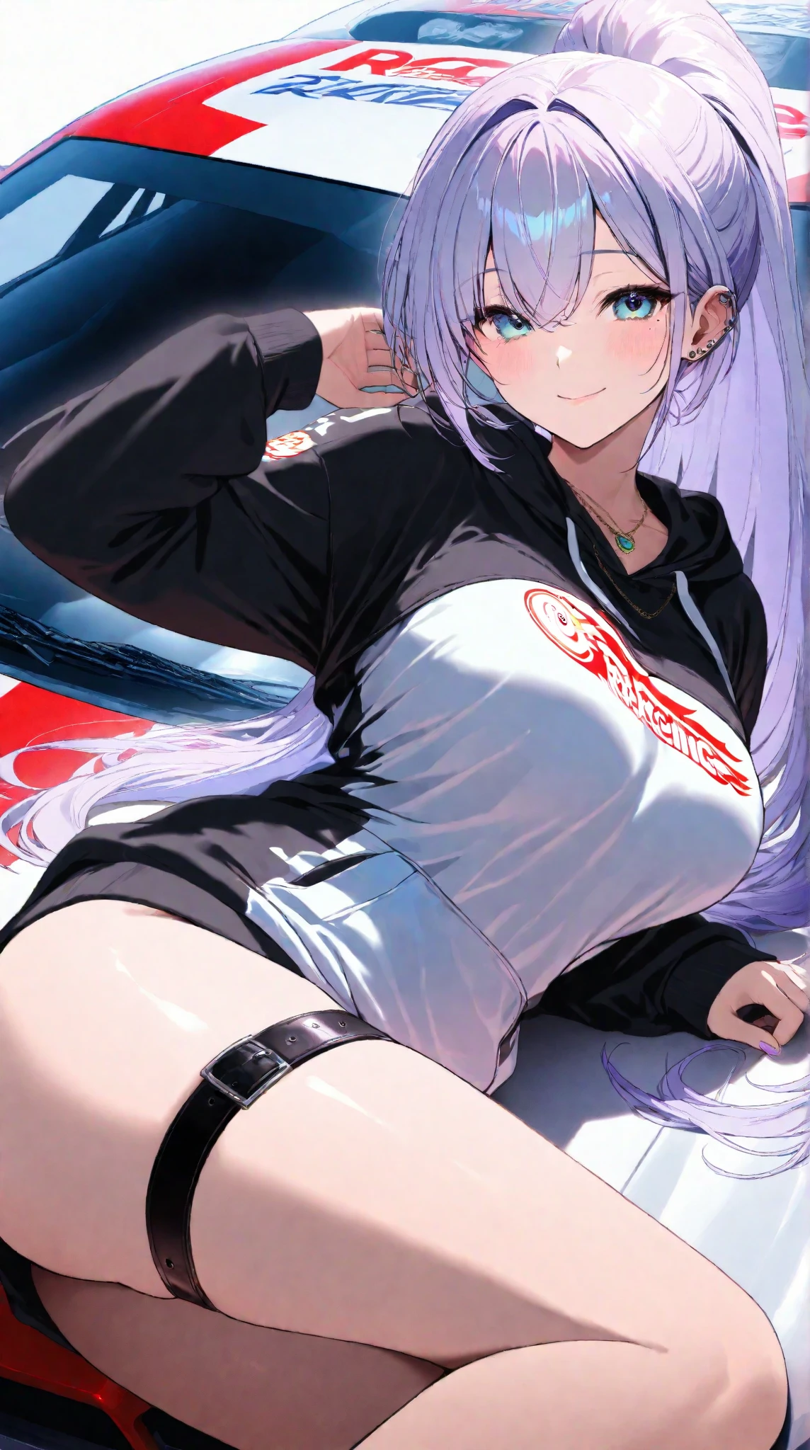 Emilia re:zero, purple eyes, Emilia, crown braid, x hair ornament, flower hair ornament, white hair, long hair, medium breasts, anime girl with a black jacket holding a pink heart, rin, is wearing a swimsuit, seductive anime girl, swimsuit, asuka suit under clothes!, at pixiv, top rated on pixiv, rei hiroe, anime moe artstyle, marin kitagawa fanart, (anime girl), pixiv, oppai, popular on pixiv