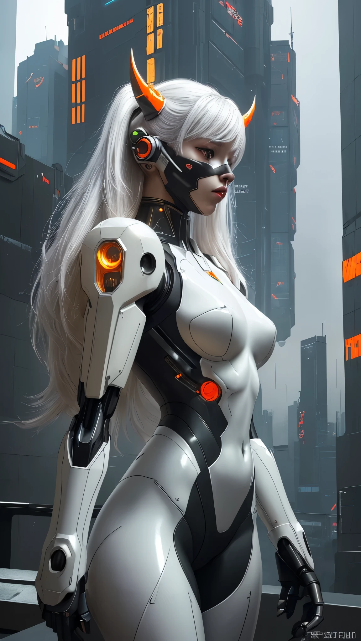 1girl, a beautiful girl cyborg cyberpunk with a cyberpunk city tall buildings, white hair, cybermask, white and orange and black machine suit color combination, the body full of machine, realistic futuristic hologram, asian skin tone, beautiful eye, beautiful asian face, cyber ear machine, suits is solid mecha, realistic machine, sci fi scape, manipulation is a masterpiece, long hair, masterpiece, suit of cyberpunk, realistic sci fi building texture mecha aestethic, digital cyberpunk, looming over a city, cyber technology, realistic hair, lots of hair, white of hair, realistic metal solid texture of building, realistic neon glow, realistic neon sign, wonderful side lighting, realistic futuristic cyberpunk building, realistic girl robot cyberpunk, fog, foogy, masterpiece of detail, RAW IMAGE, depth of field, point of interes, depth of field is masterpiece, best photography composition masterpiece, natural realistic hair, rule of third masterpiece photography, natural lighting, photography masterpiece natural lighting from side, realistic skin texture, strong reflection, ( pose pinterest) masterpiece beautiful, Devil Horns, smooth pixel, ray of light, soft light, small breasts, mastepiece of cyber mask, masterpiece fantasy gun, carry a fantasy weapon, weapon fantasy (artstation)