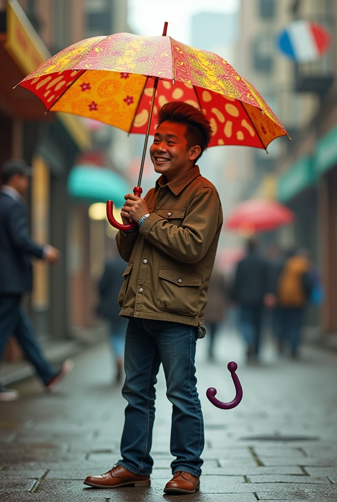 Cute picture book style illustration style Rain Cute boy laughing Little boy holding umbrella In town --auto