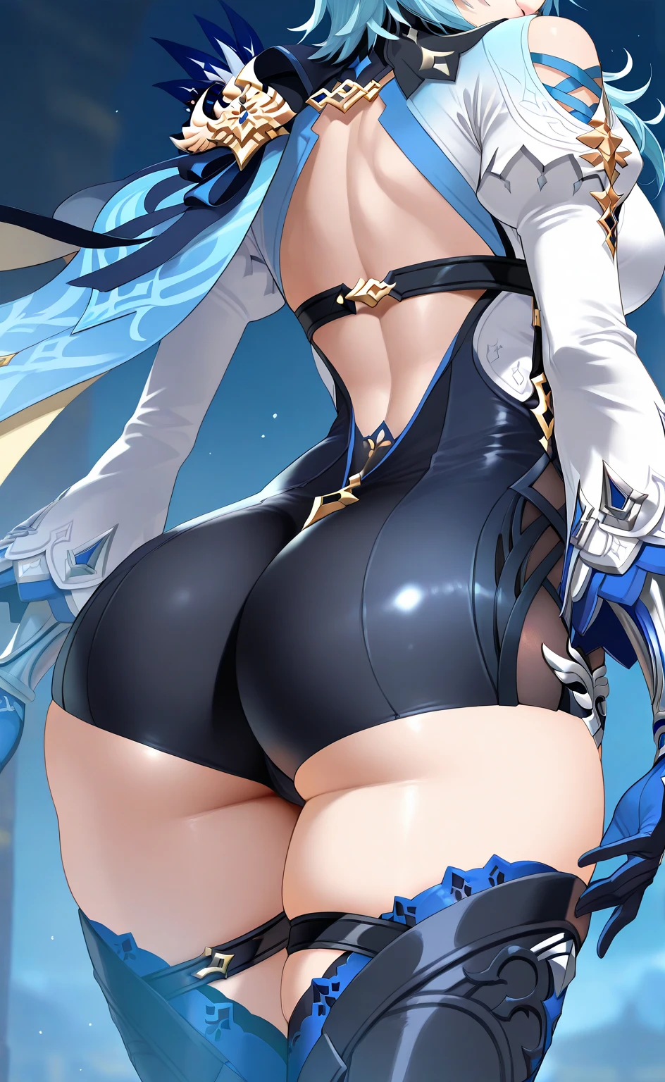 Woman's ass facing the screen, back view, silver hair, pink seduction background, cocked ass, sexy, busty body, close-up, erotic lingerie, thong, wet, white liquid, best quality, babe, red face, 8K, elf ears, white gloves, black skin, moonlight, mysterious, super clear, full body portrait, full of charm, women over 30 years old, desire tattoo, back tattoo, look from below, high gloss, watercolor