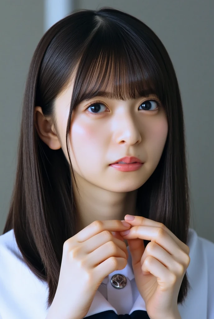 masutepiece, Best Quality, 8K, sixteen years old, , Raw photo, absurderes, award winning portrait, ssmile, Solo, Idol face, asuka, bangs,Delicate girl, Upper body, Digital SLR, Looking at Viewer, Candid, Sophisticated, zora々Right, Thin arms, Professional Lighting, Film grain, chromatic abberation, (Eyes and faces with detailed:1.0), (Bokeh:1.1), Japanese high school girl、student clothes、in the bed room、Cute pajamas at summer, wet,