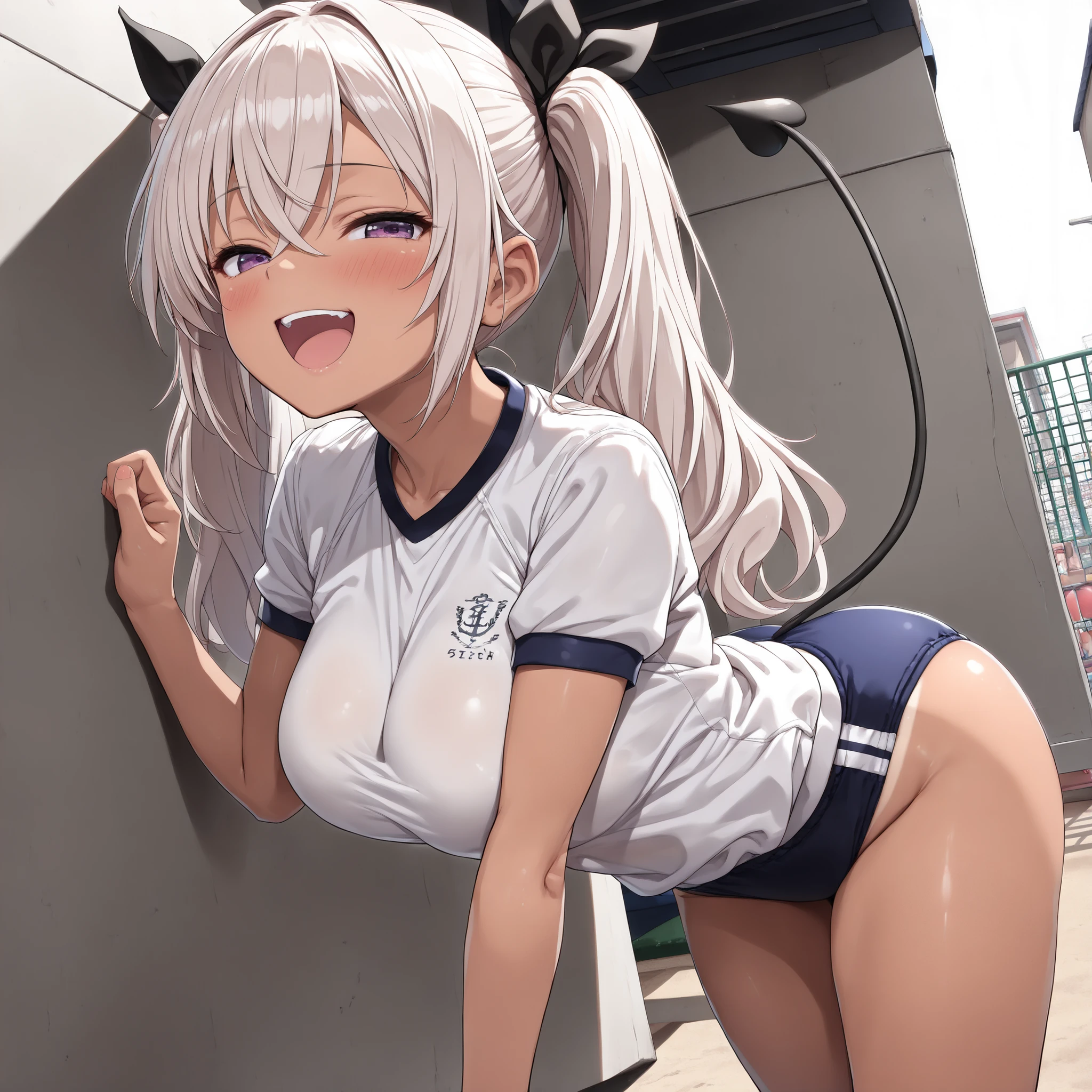Score_9, Score_8_up, Score_7_up, Score_6_up, Score_5_up, Score_4_up, Source_anime, (1 girl), (female of Beautiful anime girl), (very beautiful face:1.4), Beautiful face, Perfect face, Highly detailed beautiful face and eyes, (wonderful smile), (perfect anatomy), (tanned skin, high detail skin:1.4), (Big natural breasts), (beautiful thighs), (Beautiful purple eyes:1.2), (White Pink hair:1.2), (twin tail hair:1.2), crossed bangs, asymmetrical bangs, (Bitch, Black Gal:1.2), (white school gym uniform, navy buruma:1.3), (Bitch, Prostitute, Exhibitionism:1.3), (The background is a back alley, Prostitution:1.3), Photorealistic anime girl rendering, Realistic anime 3d style, look at viewer, Reddish blush, (Panting face with half closed eyes, Face screaming sad voice), dynamic angle, perfect body, (perfect Pause:1.2), 最高品質,傑作,公式アート,高品質, 高解像度,エピックシーン, 最高品質 , 高品質 , 徹底的な, 高解像度, 8k, 超高解像度 , プロ品質, Perfect contrast , パーフェクト照明, 解剖学的に正確な, (side view:1.3),