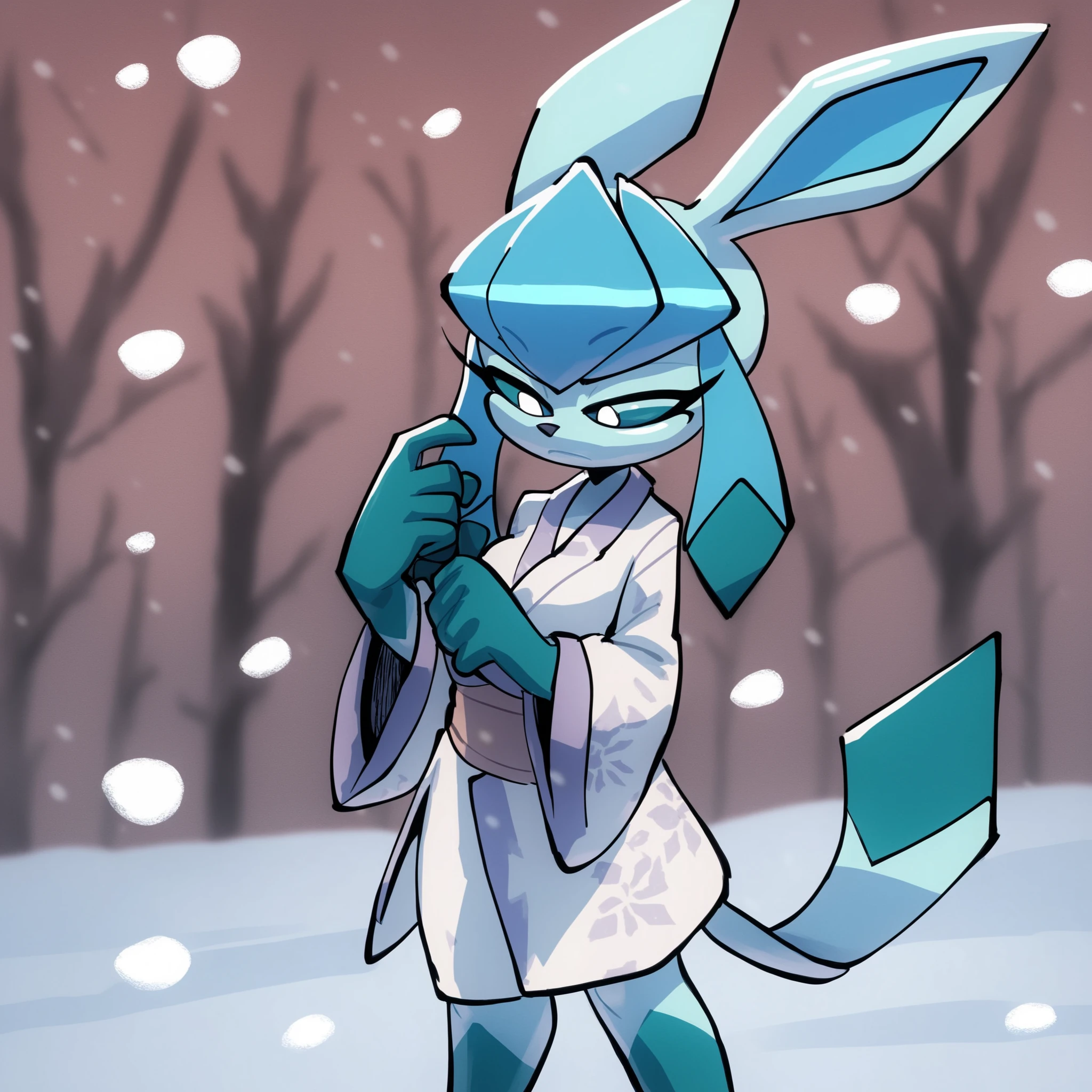 glaceon, bigdad/character, (Mobian), whitish light blue fur, blue eyes, female, whitish light blue muzzle, white kimono, (short hair), hair bangs, Glaceon tail, blank expression, slim, young adult, medium breasts, solo, standing, outdoors, winter garden, lightly snowing, Sonic OC