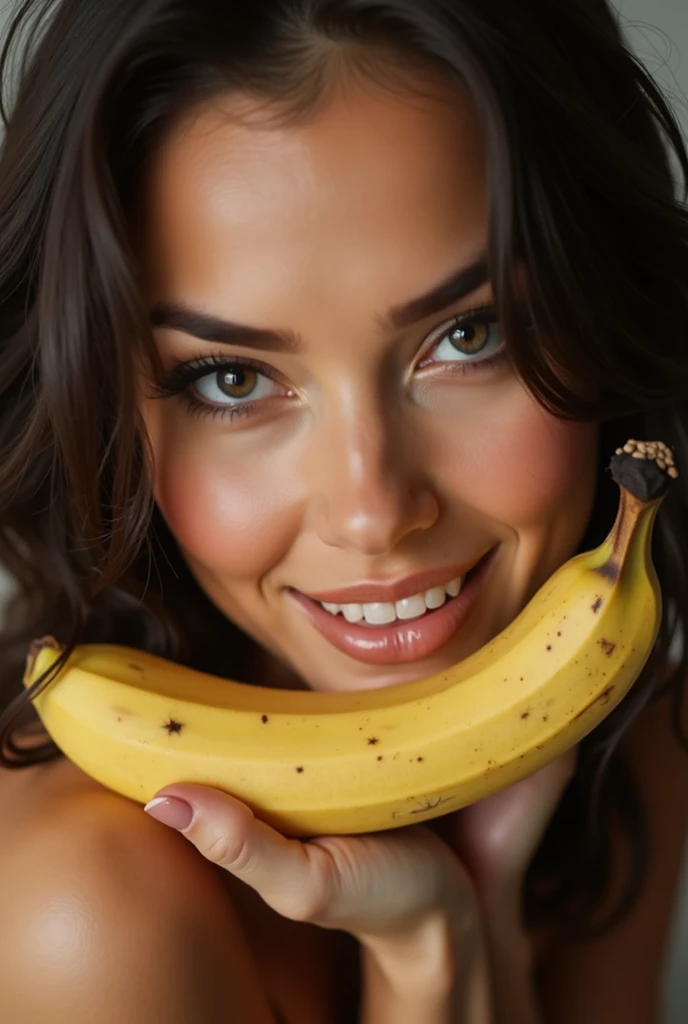 There's a woman sitting at a table with a doughnut in her hand. Uma mulher com pele branca bronzeada e cabelos escuros. ela tem cerca de 35 anos. Your slightly plump lips are like a delicate flower, seus olhos castanhos escuros, grande e charmoso, parecem conter um mundo de maravilhas. Corpo fino. cintura fina. Your body exudes glamor and your face is the definition of beauty. Altamente realista, Lindo, soft lips, batom cor de rosa, sorriso, feeling of lightness and joy, hiperrealismo, pele muito elaborada, olhar direto. foto de corpo inteiro, Limpar foto, alta qualidade, high resolution, obra de arte, 8k