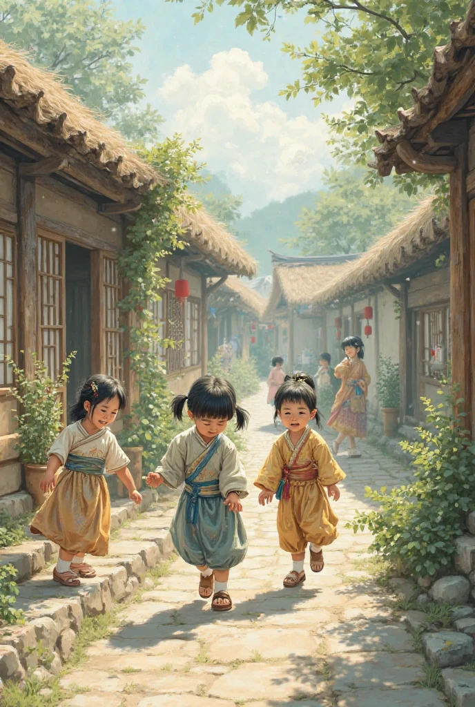 Chinese boys and girls pass wormwood hand-in-hand in a wormwood bush
