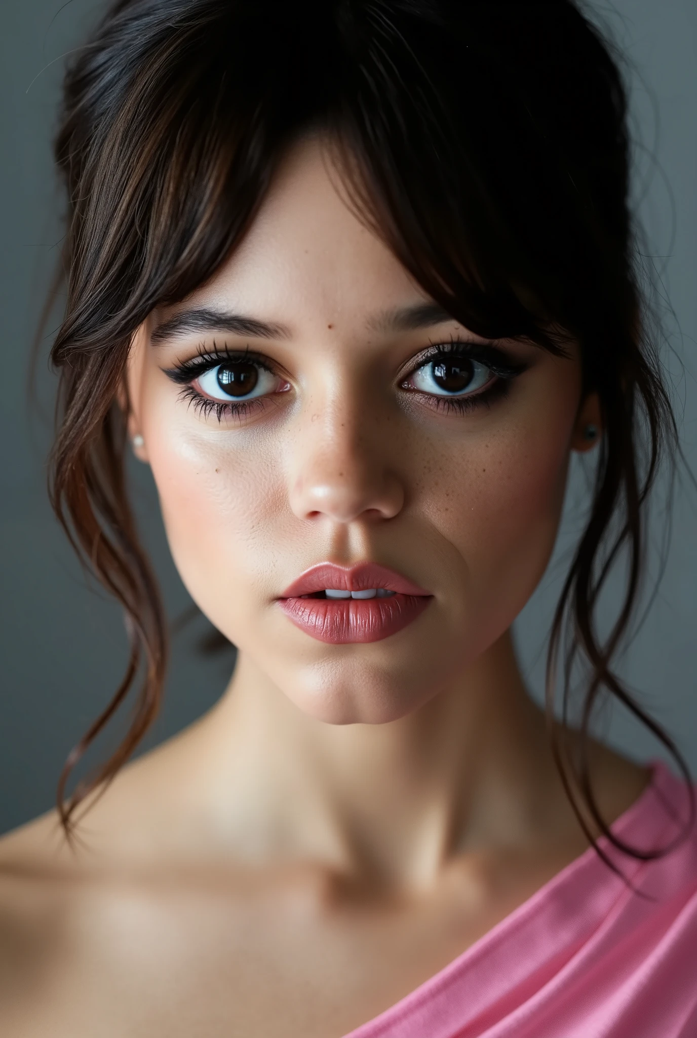 Perfect Face, ((Dark Brown Hair, Bun Knot Top Hair)), Black Eyebrows, Thin Eyebrows, Blue Eyes, Big Eyes, Black Eyelashes, Black Eyeshadows, Black Eyeliners, Normal Lips, ((Shocked)), Collarbone, Medium Breasts, (Pink Bra Tube Top), Navel, Looking At Viewer