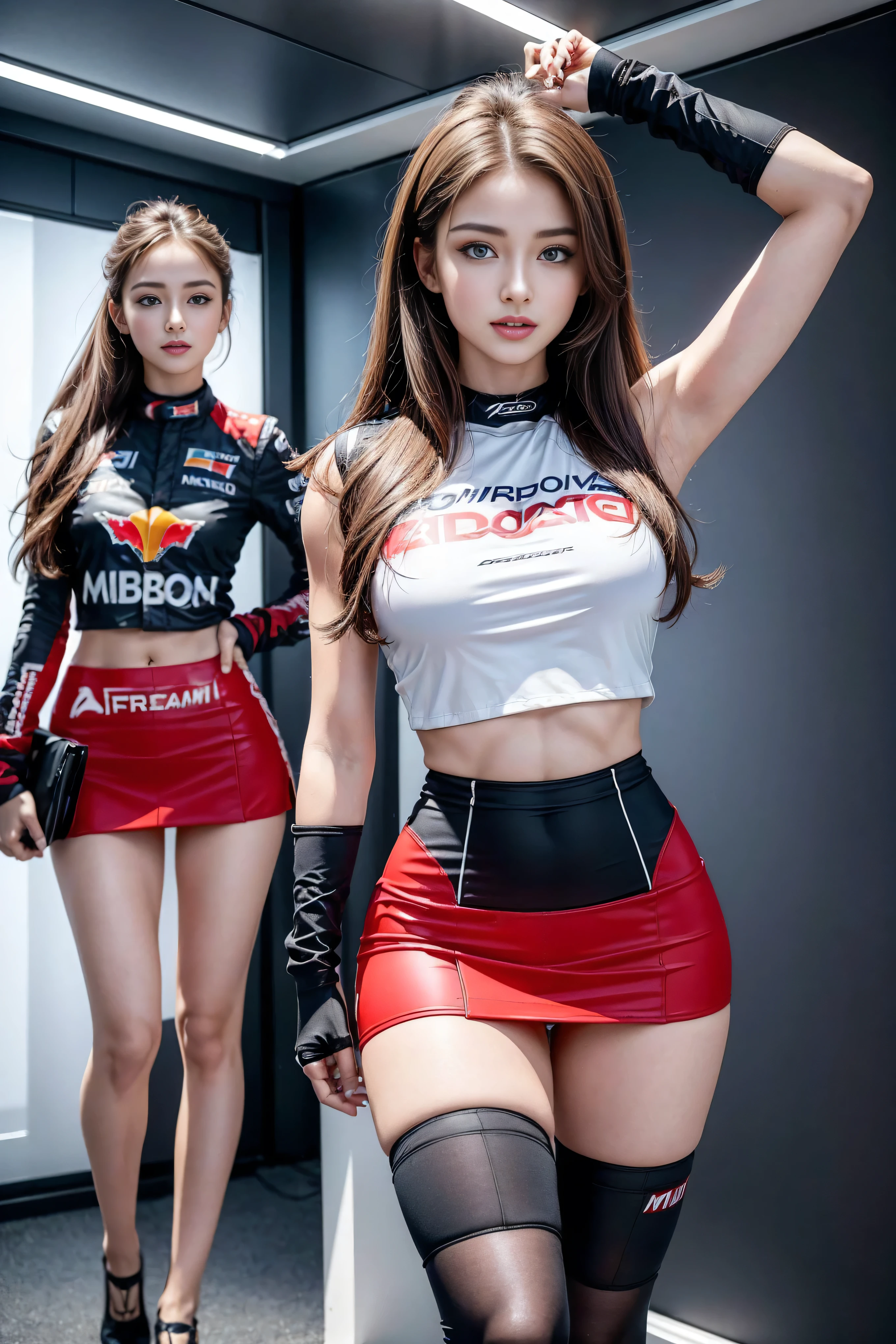 (masterpiece), ( MotoGP Racing Girls), (Eyeliner:0.5),(blush:0.5), Black Hair, A faint smile, Refers to a beautiful and delicate girl, Extremely detailed eyes and face, Beautiful and delicate eyes, , ((MOTOGP events)), (MotoGP track background), (best quality, high resolution, Reality, The original, 8K,masterpiece, ),(((Dynamic poses))),(((Midsection perspective))),(((Showing the underside of the chest ))),(((Red Mini Skirt Lift))),(((Bare inner thighs))),(((Formula One cars on display))), (Vibrant colors:1.2), (Beautifully),